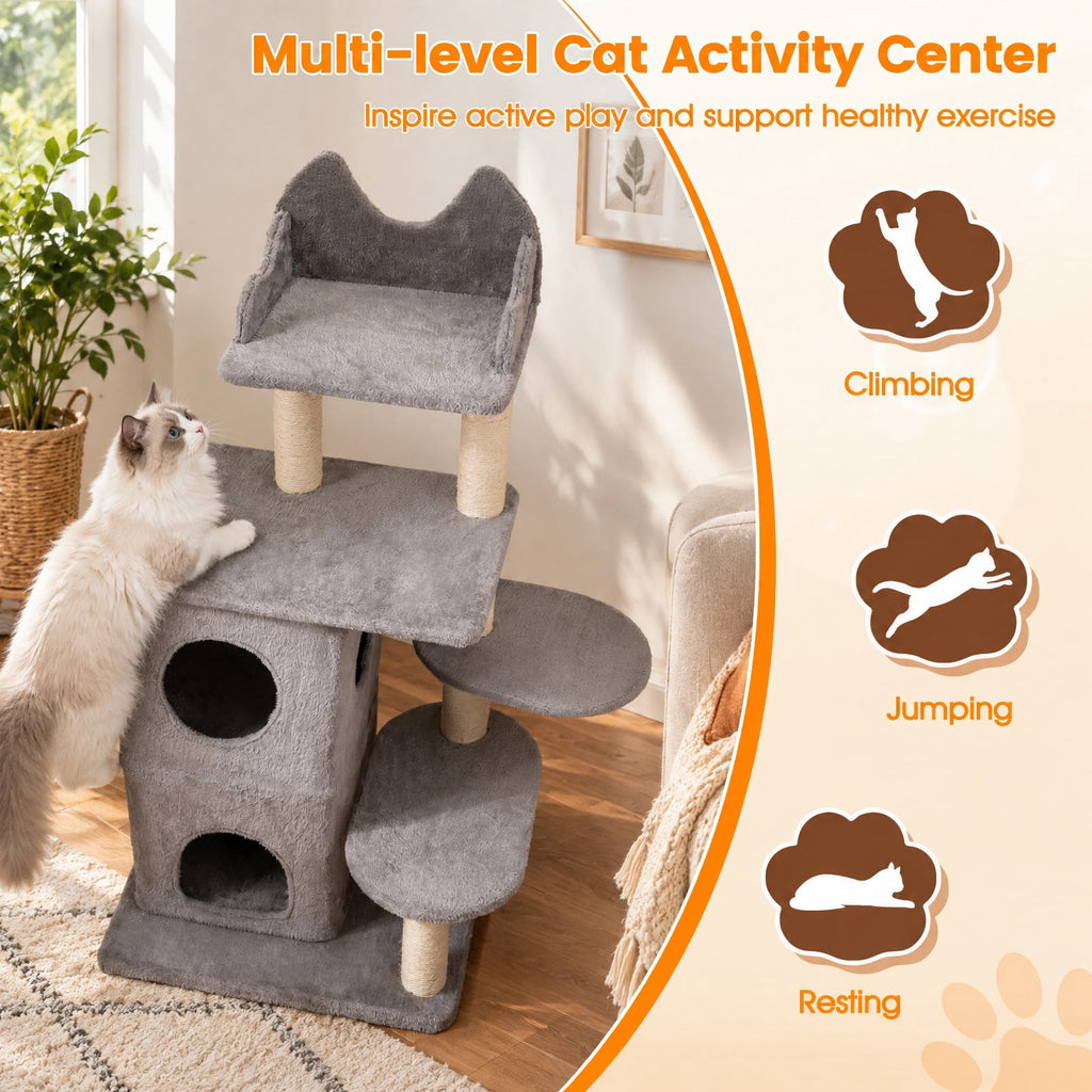 Airfind 48.5 inch Cat Tree with 2-story Condo and 3 Hideaway Caves for Large Cats, Engineered Wood Sisal MDF Plush Fabric Frame, Gray