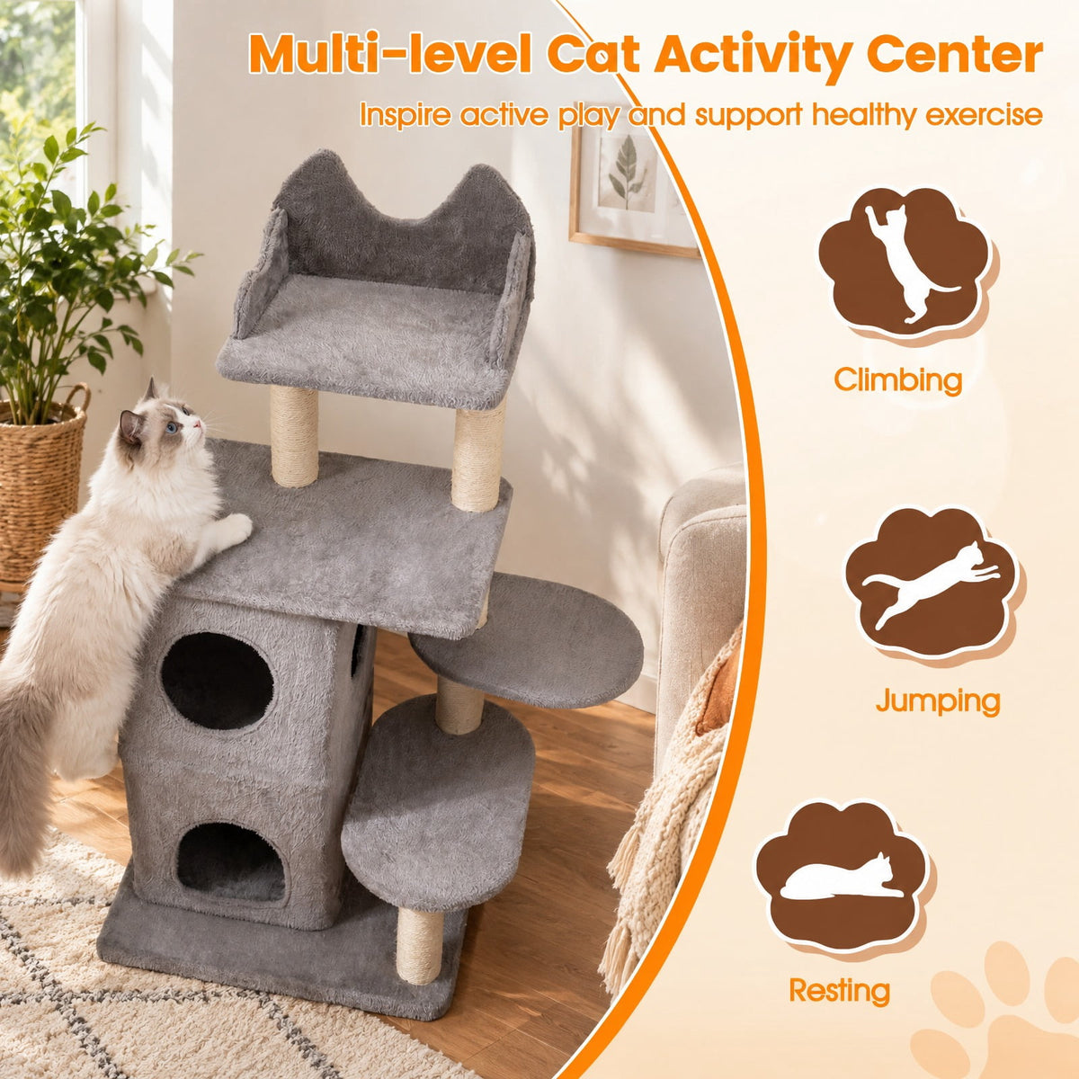 Airfind 48.5 inch Cat Tree with 2-story Condo and 3 Hideaway Caves for Large Cats, Engineered Wood Sisal MDF Plush Fabric Frame, Gray