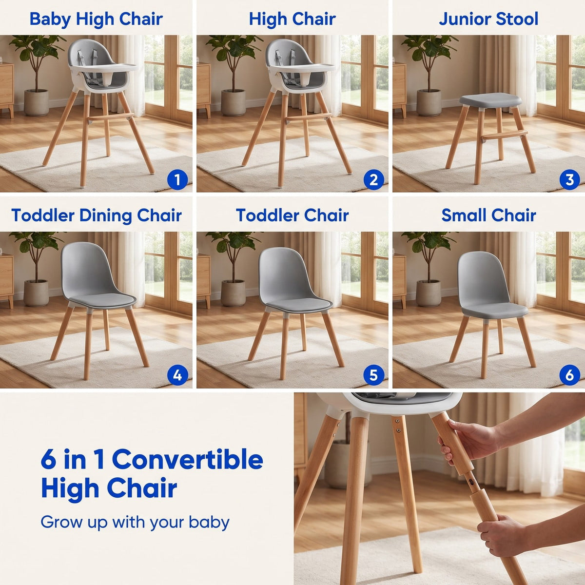 Airfind 6-in-1 Convertible Wooden Highchair with Safety Harness and Adjustable Legs, 33 Lbs with Beech PP PE PU Sponge Construction, Unspecified