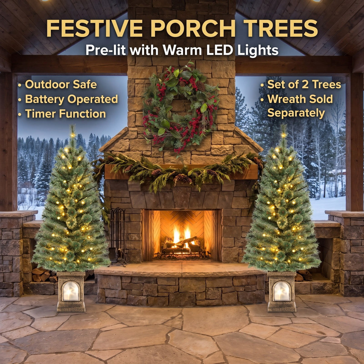 Airfind 4 Feet Pre, Pine Needles Cement Tree Height 120 cm Tree Width 50 cm Frame, Green+Gold, Size of the Base 18.5 x 18.5 x 26.5 cm