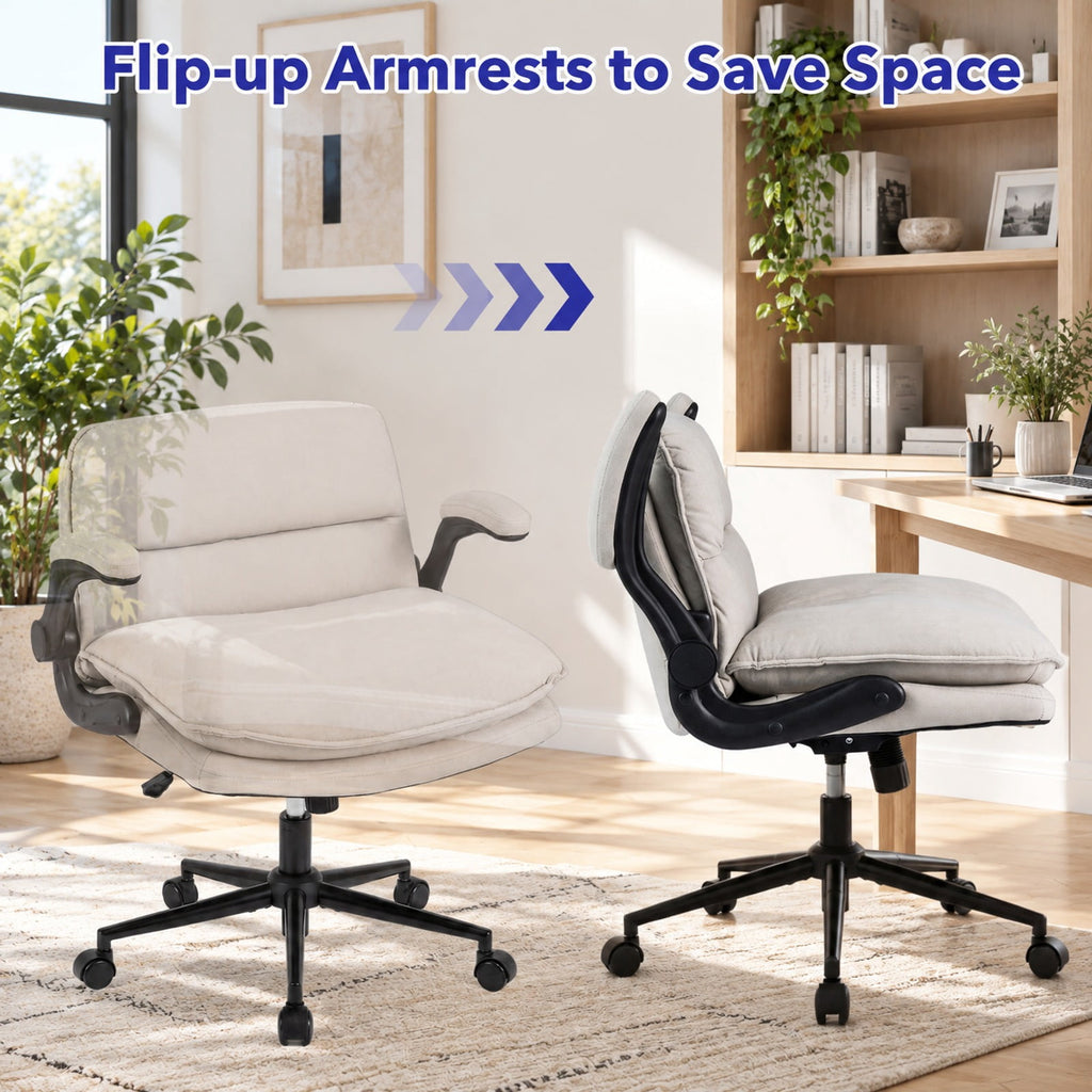 Airfind Criss Cross Chair on Wheels with Flip-up Arms Adjustable Height, 330 lbs Capacity, Faux Leather Metal Sponge PU Nylon Frame, Beige
