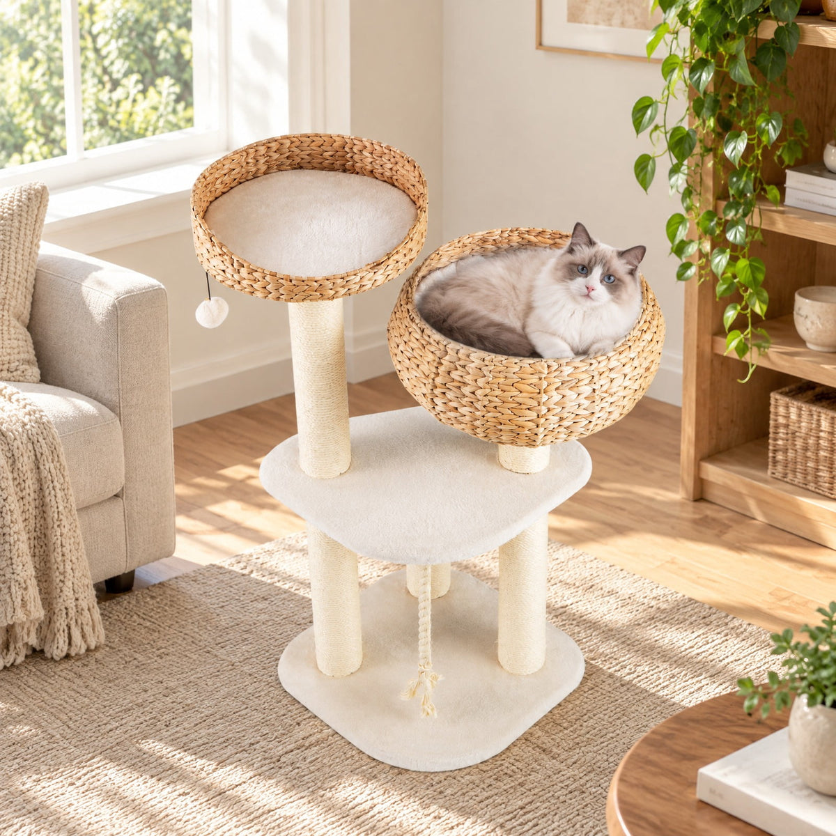 Airfind 41 Inch Rattan Cat Tree with Napping Perch, Water hyacinth straw sisal rope particle board Frame, White
