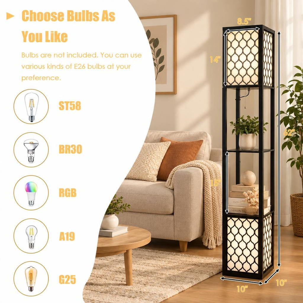 Airfind Modern Shelf Freestanding Floor Lamp with Double Lamp Pull Chain and Foot Switch, MDF Frame, 10in x 10in x 62in Footprint, Black+ White