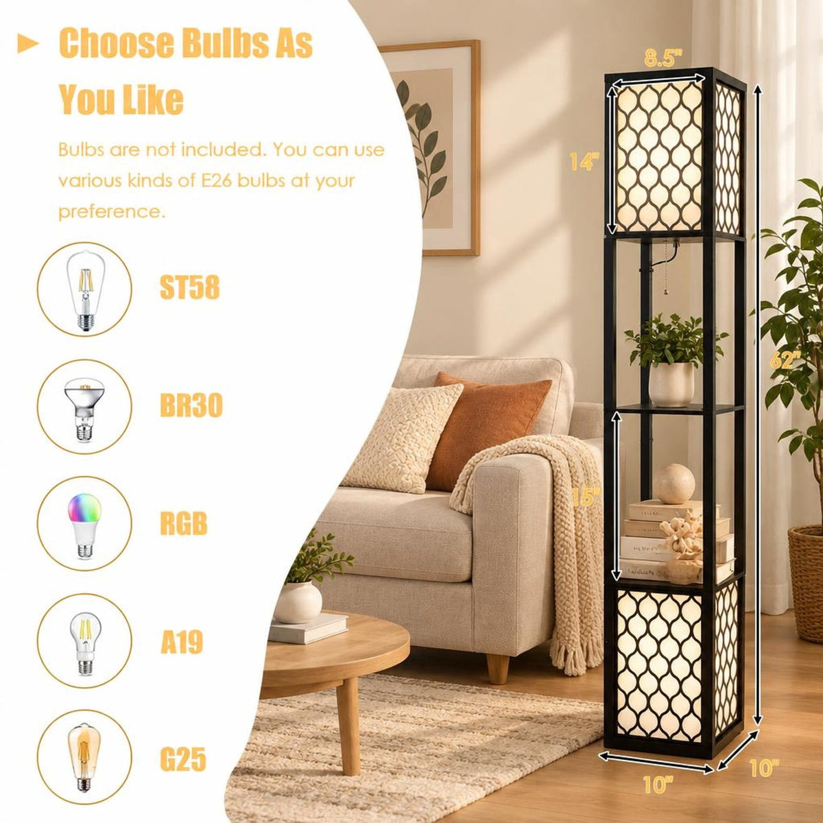 Airfind Modern Shelf Freestanding Floor Lamp with Double Lamp Pull Chain and Foot Switch, MDF Frame, 10in x 10in x 62in Footprint, Black+ White