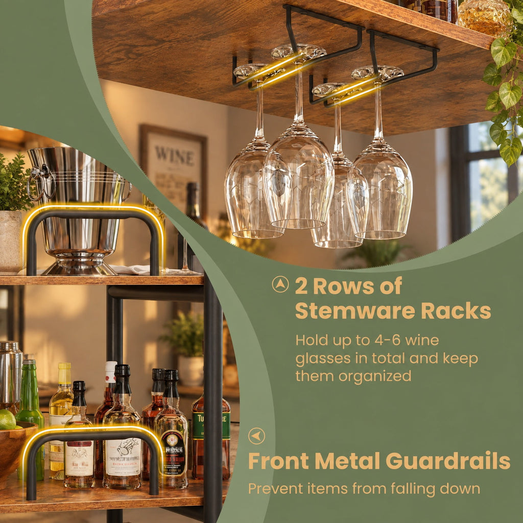 Airfind 3-Tier Liquor Bar Table with Stemware Racks and Storage Shelves, 200 lbs Capacity, Engineered Wood Metal Frame, 48 x 26 x 40 Footprint