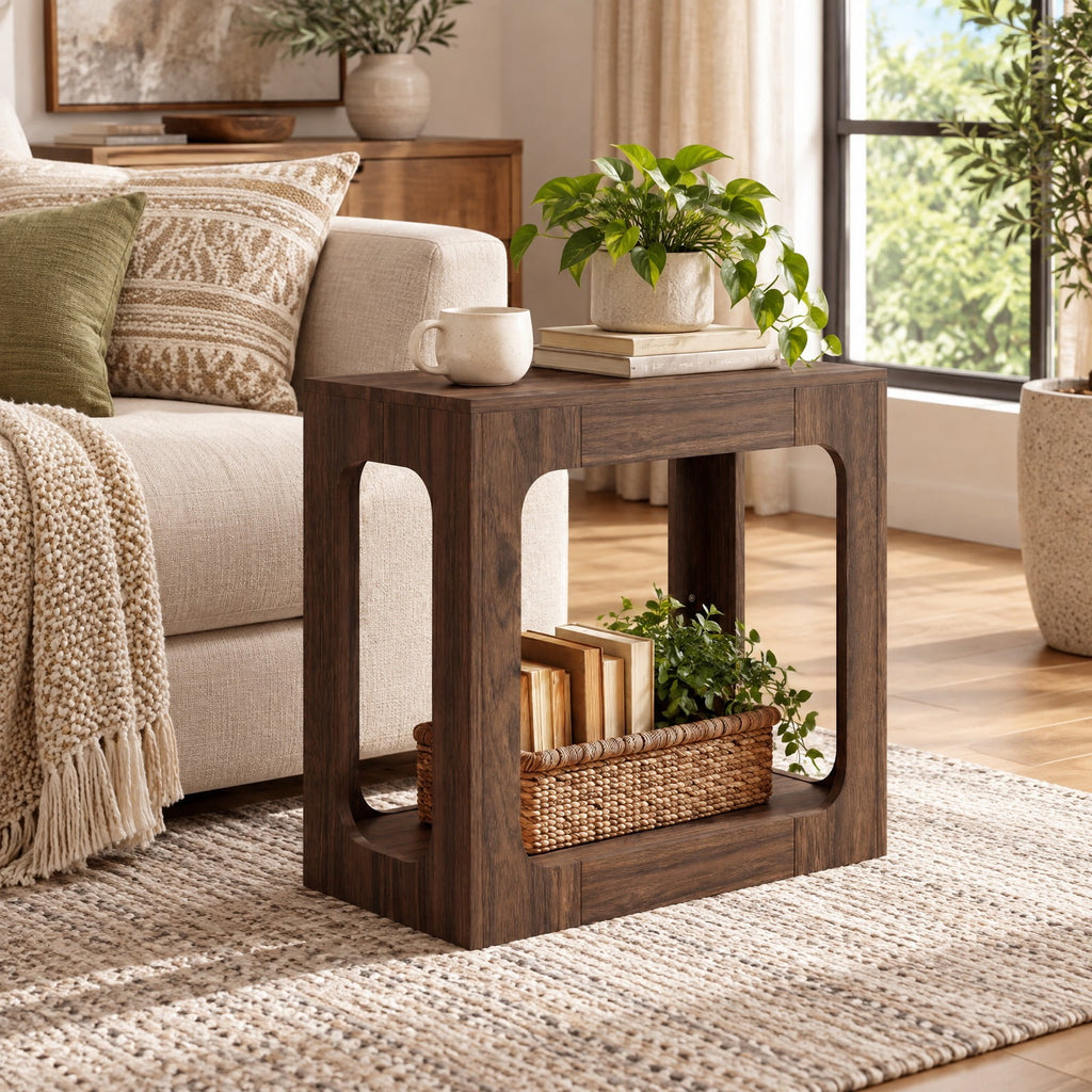 Airfind 2-Tier End Table with Storage Shelf for Living Room, 135 lbs Capacity, Engineered Wood Frame, 23.5 x 12 x 22 Footprint, Walnut