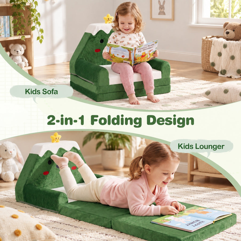 Airfind 2-in-1 Convertible Kids Sofa to Lounger with Christmas Patterns, Ultra-soft Fabric Sponge Frame, for 18-36 Months Old, Green