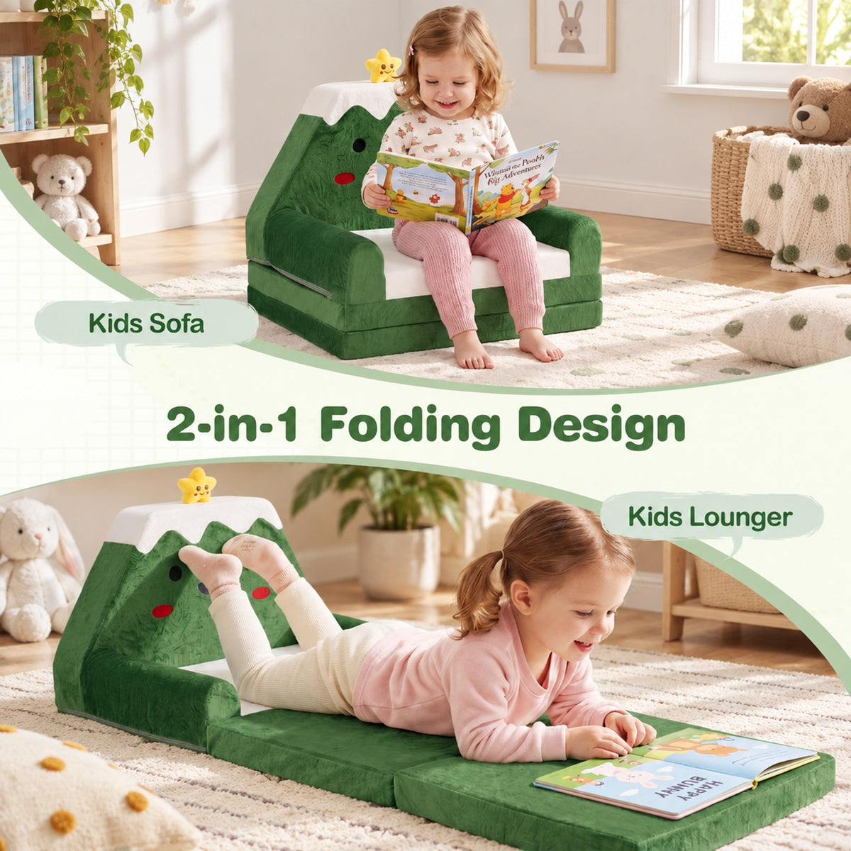 Airfind 2-in-1 Convertible Kids Sofa to Lounger with Christmas Patterns, Ultra-soft Fabric Sponge Frame, for 18-36 Months Old, Green