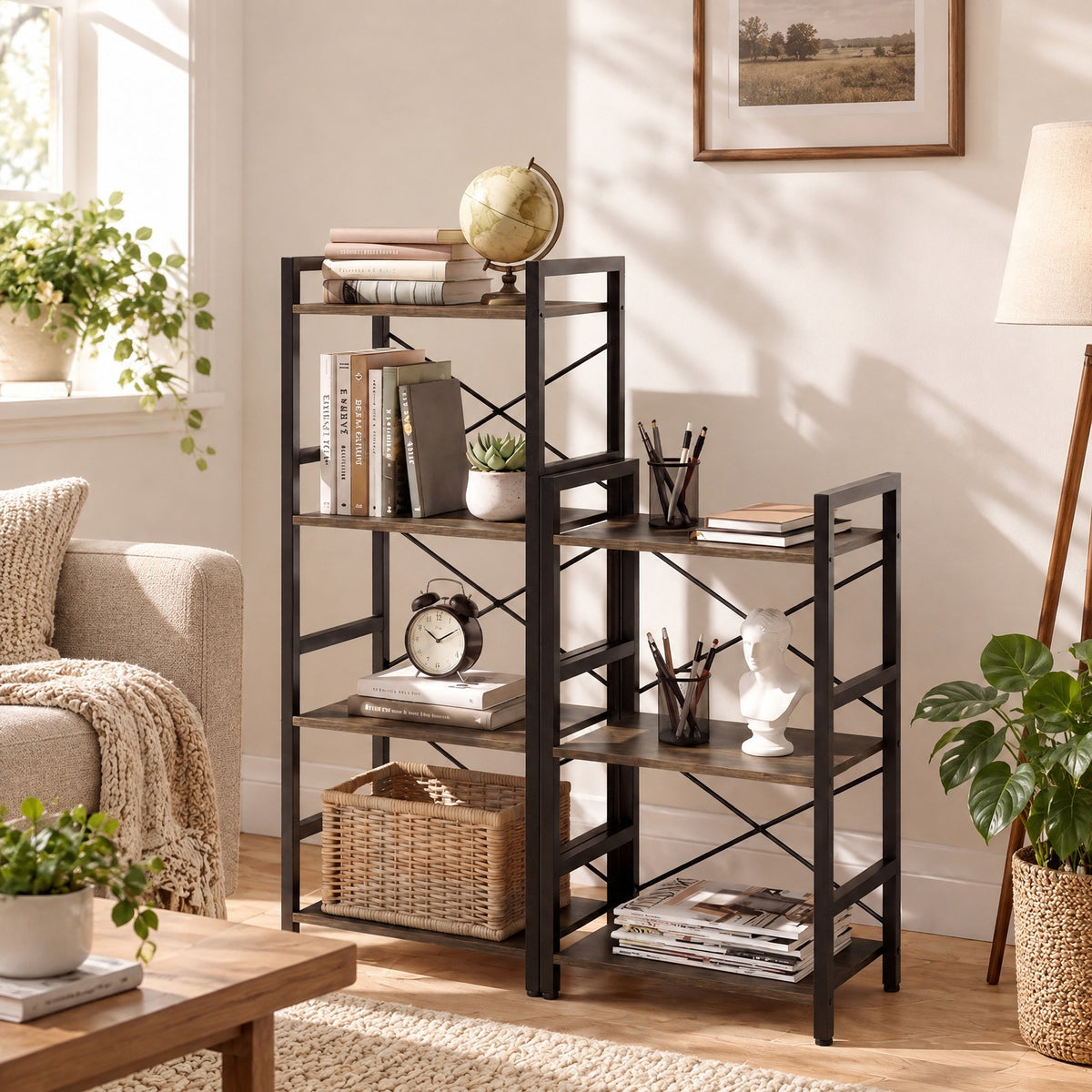 Airfind 4-Tier Bookshelf Narrow Freestanding Display Shelf with Metal Frame, 132 lbs Capacity, Engineered Wood Metal Frame, Rustic Brown + Black