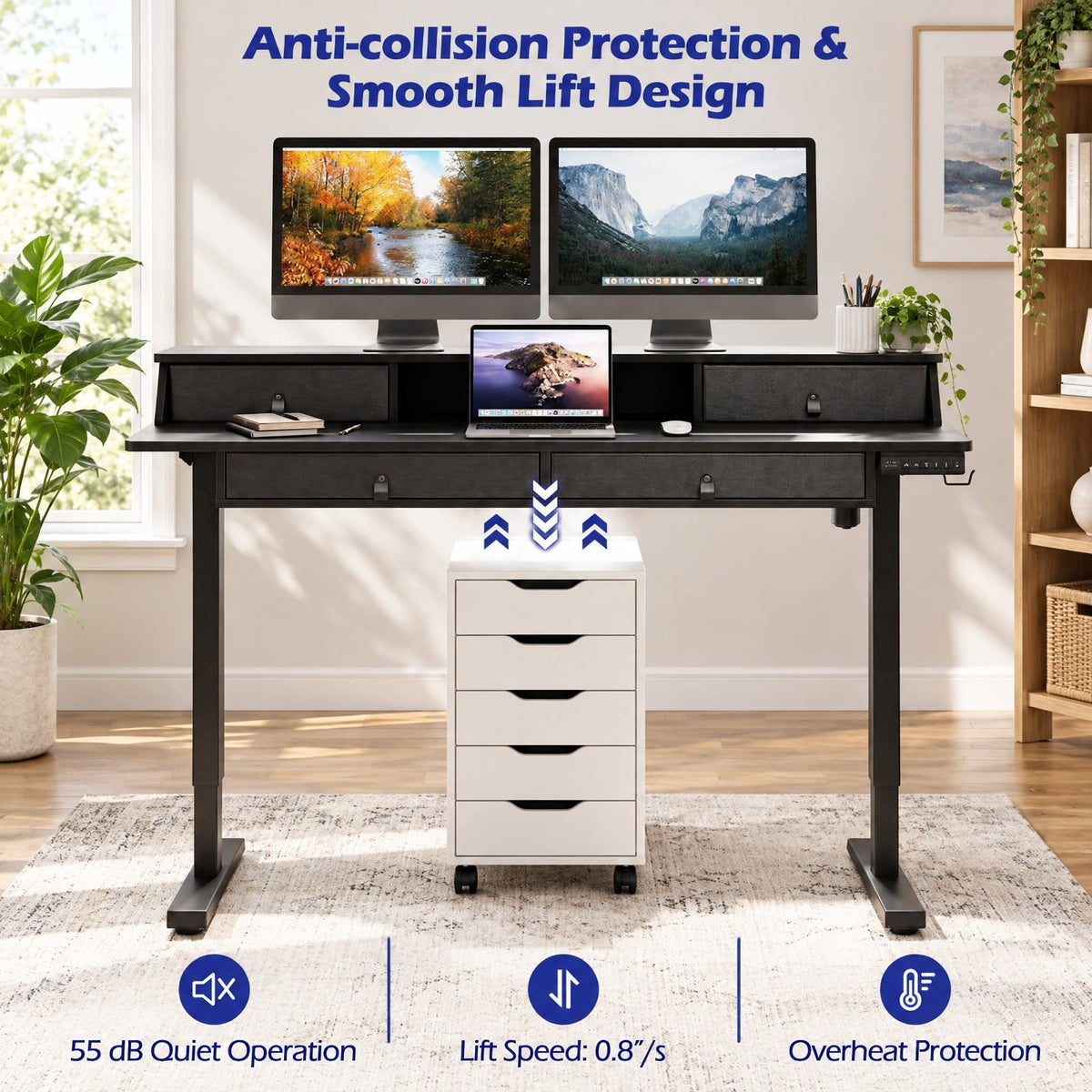 Airfind 55 Inch x 27 Inch Electric Standing Desk with Drawers, Engineered Wood Metal Fabric Frame, 55 Inch x 27 Inch x 33.5 Inch -51 Inch Footprint, Black