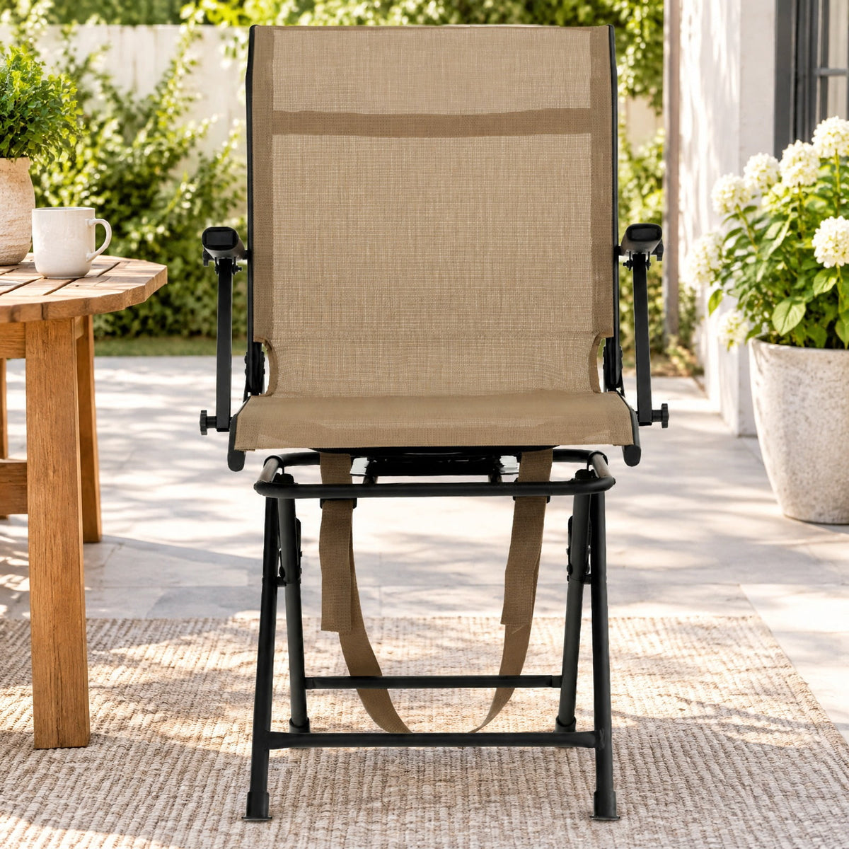 Airfind Foldable Swivel Hunting Chair with Mesh Back, Armrests and Wide Feet, 330 lbs Capacity for Ground Blind and Outdoor Use, Coffee