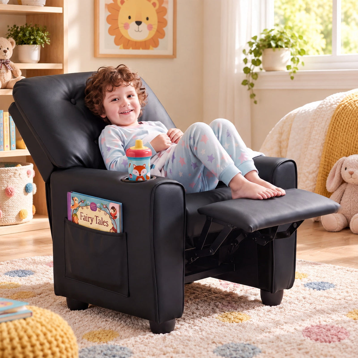 Airfind Youth Recliner Chair with Cup Holder, Side Pocket and Push-Back Footrest, PU Upholstery with Wood, Foam, PU Upholstery, and Metal, Black