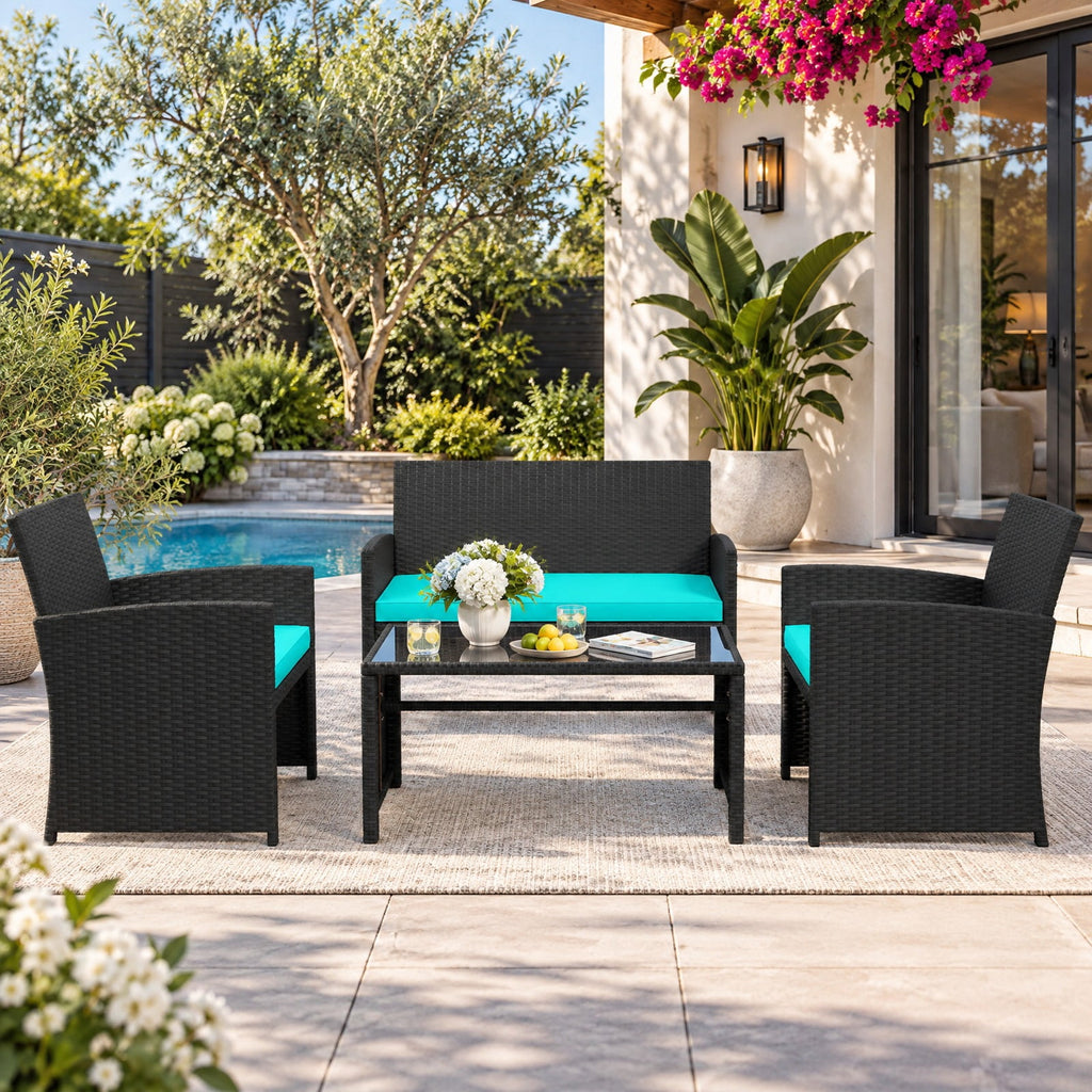 Airfind 4 Pieces Patio Furniture Set with Tempered Glass Tabletop and Removable Cushion, 400 lbs Capacity, Rattan Steel Sponge Frame, Turquoise