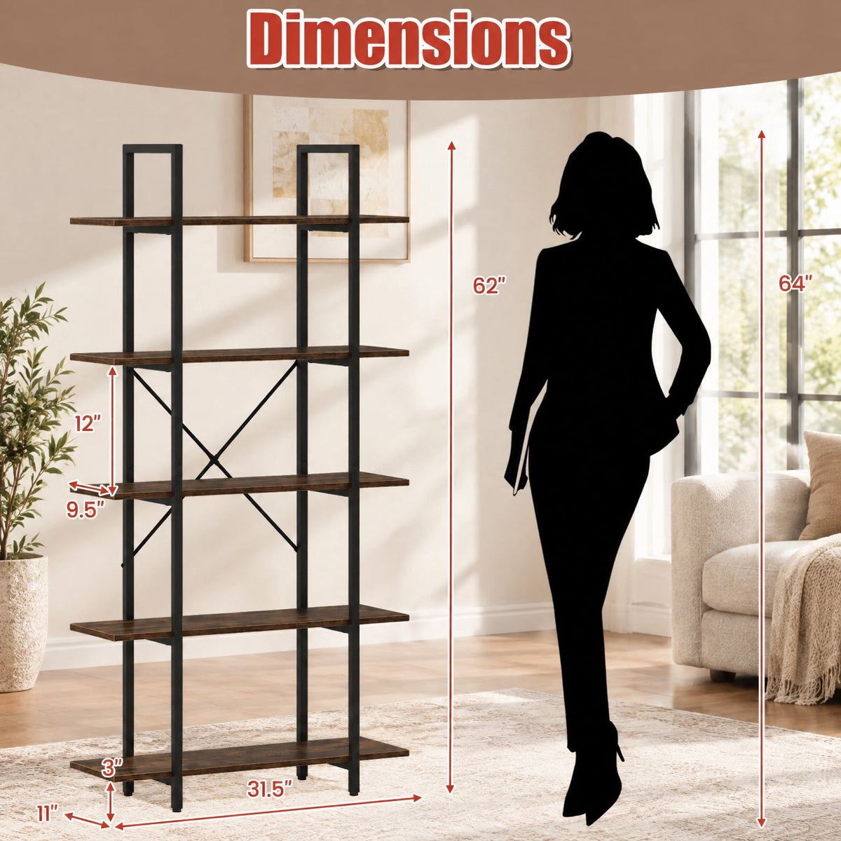 Airfind 5-Tier 62 Inch Tall Vintage Industrial Bookcase with Open Storage Shelves, 220 lbs Capacity, Engineered Wood Metal Frame, Brown