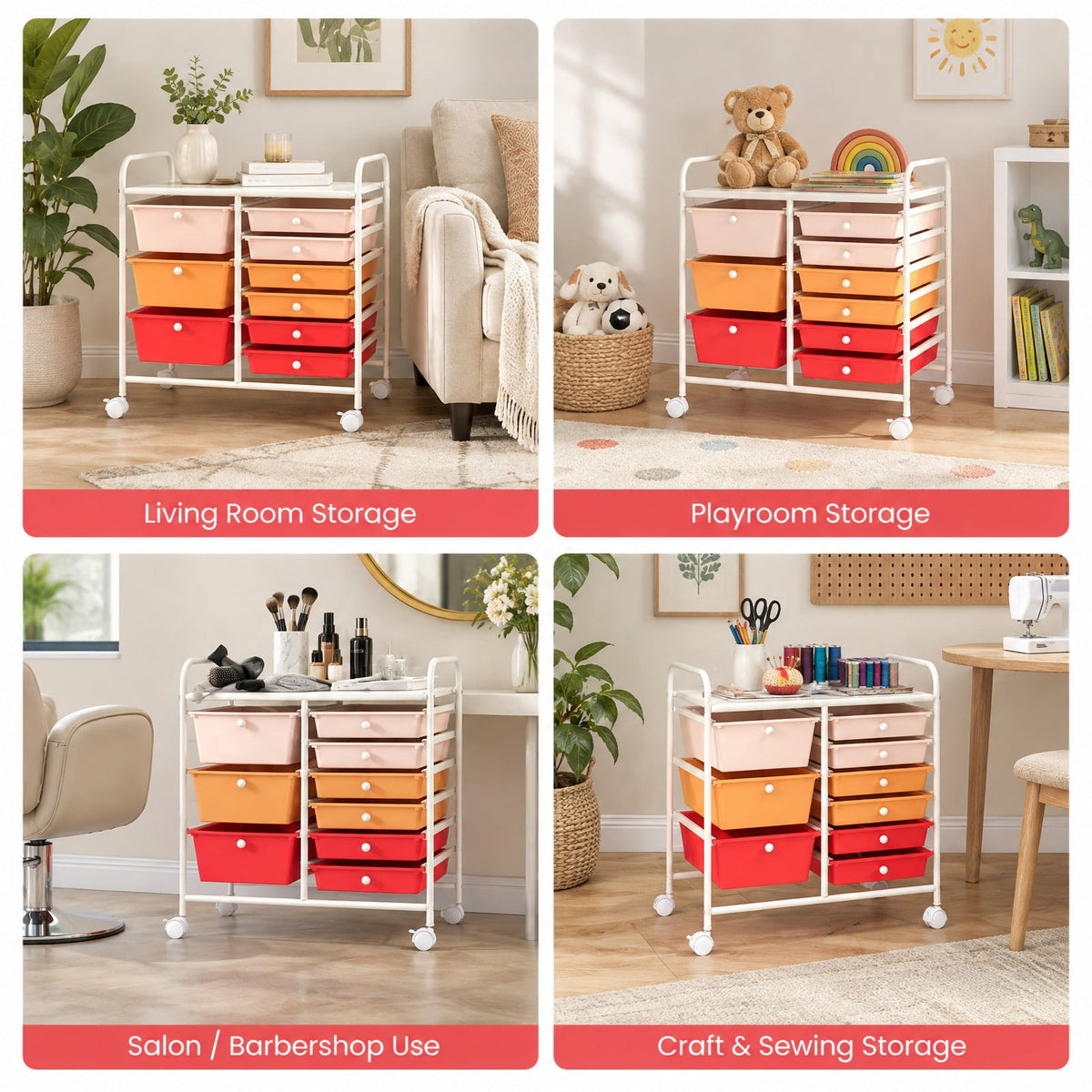 Airfind 9-Drawer Rolling Storage Cart with Colorful Drawers and Metal Frame, Metal Frame, 25 Inch x 14.5 Inch x 24.5 Inch (L x W x H) Large Drawer Footprint