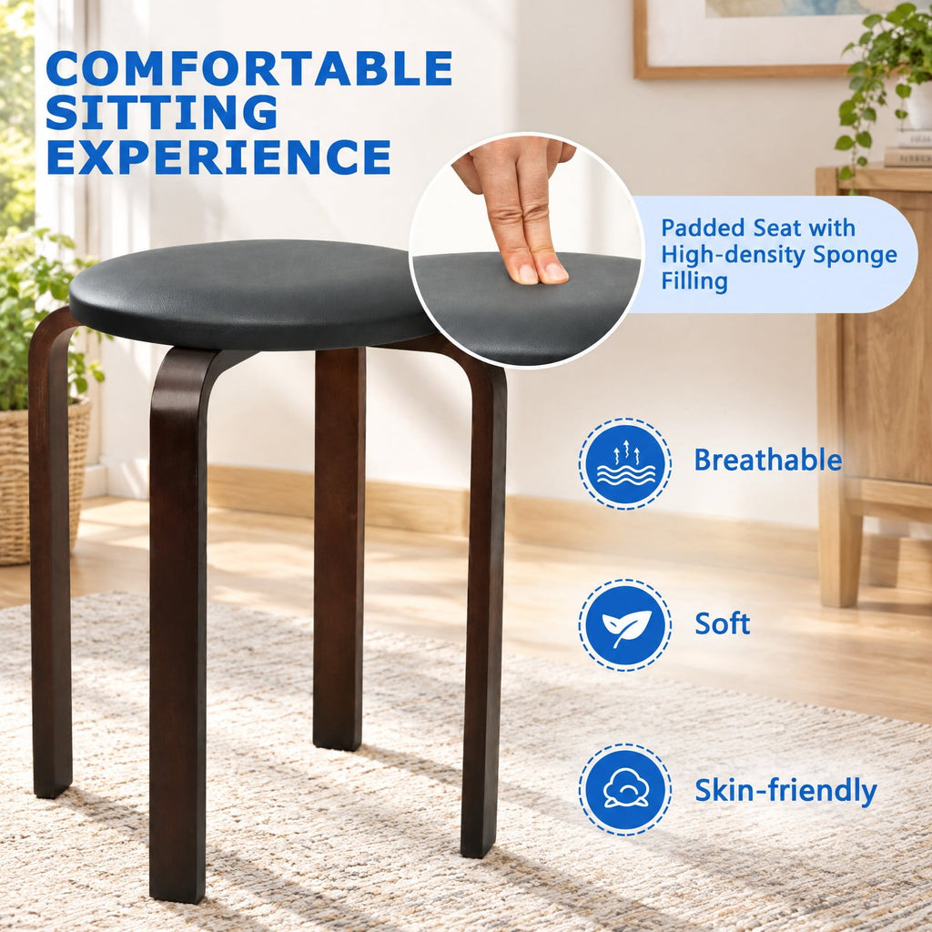 Airfind Set of 4 Bentwood Round Stool Stackable Dining Chairs with Padded Seat, Birch PU leather sponge Frame, 15 x 15 x 18.5 Footprint, Black
