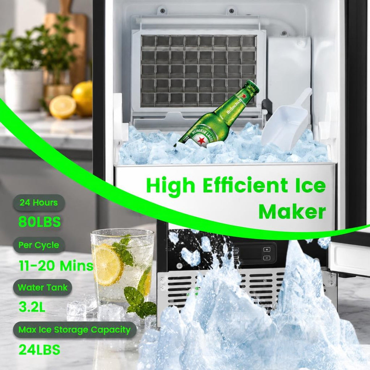 Airfind Free-Standing Built-In Undercounter Ice Maker, Stainless Steel PP Zinc-Plated Sheet ABS for Convenient Everyday Use, Silver