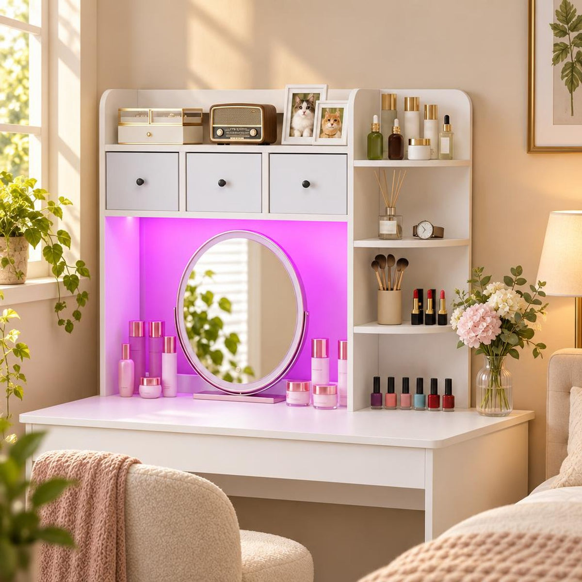 Airfind Desktop Bookshelf with LED Lights 5-Tier Shelves and 3 Drawers for Home Officce, 88 lbs Capacity, Engineered Wood Fabric Frame, White