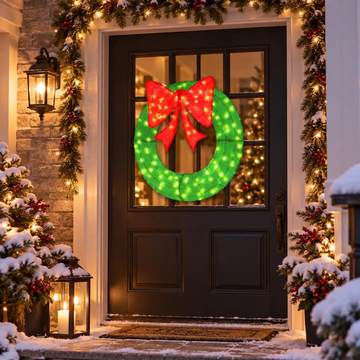 Airfind 48 Inch Pre-Lit Lighted Christmas Mesh Wreath with Bow and 200 LED Bulbs, Metal Mesh Fabric Frame, 29 x 30 Footprint, Green