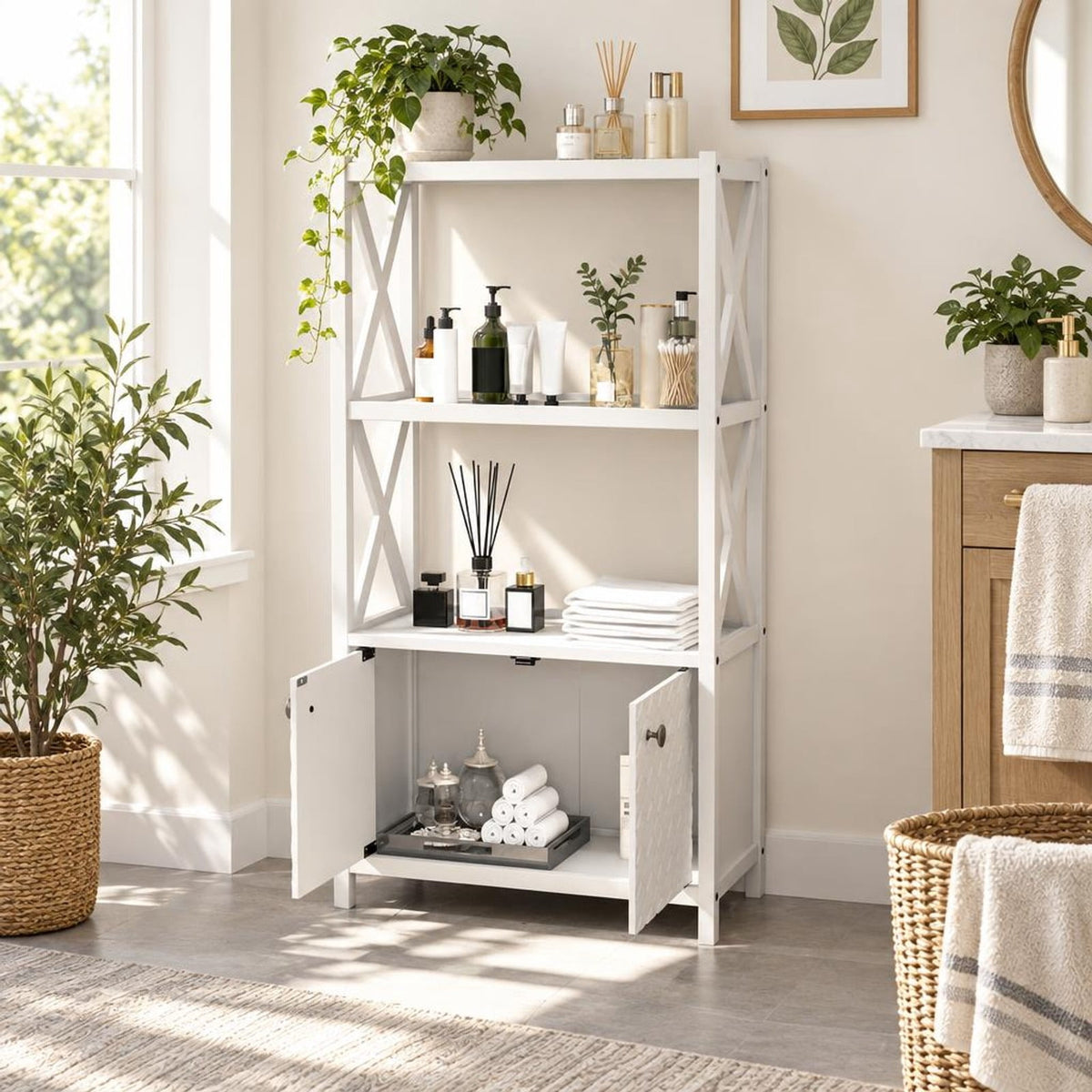 Airfind Bathroom Storage Cabinet, with Open Shelves and Double Doors, 88 lbs Capacity, Rubber Wood MDF Frame, 25 Inch x 12 Inch x 47 Inch Footprint, White