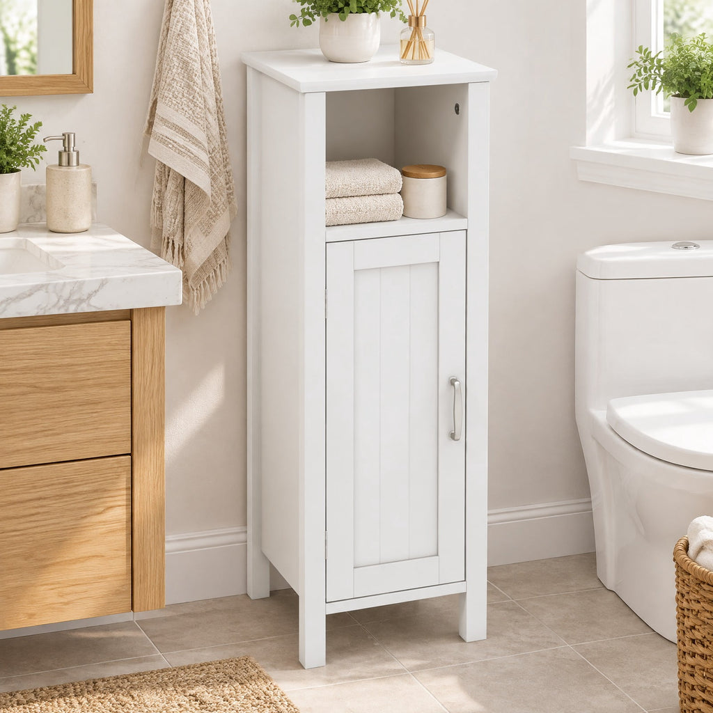 Airfind 1-Door Freestanding Bathroom Cabinet with Open Shelf, 66 lbs Capacity, MDF Frame, 12in x 12in x 31.5in Footprint, White