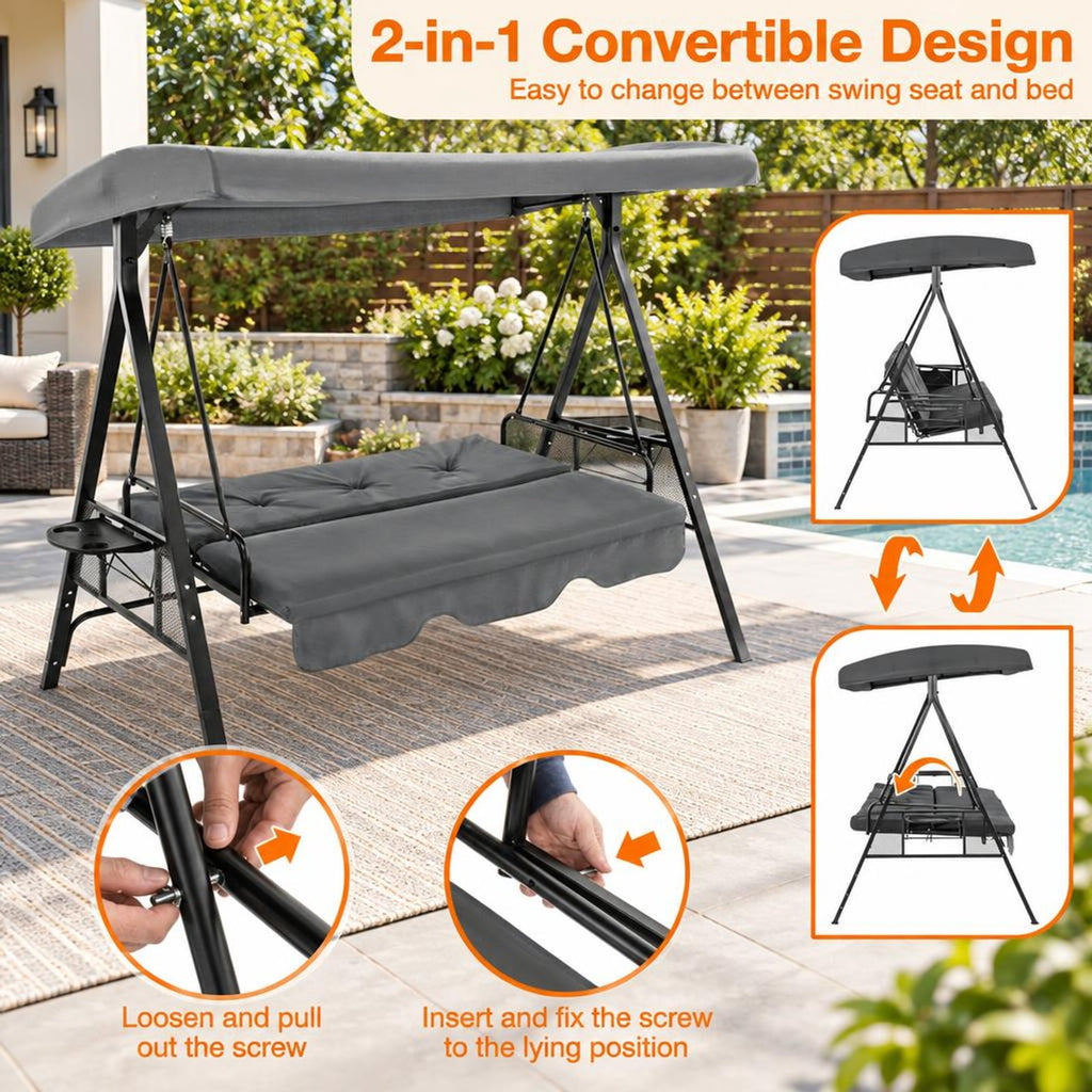 Airfind Convertible 3-Seat Patio Porch Swing Chair to Flat Bed with Adjustable Canopy, 1000 lbs Capacity, 80 x 51 x 67 Footprint, Gray