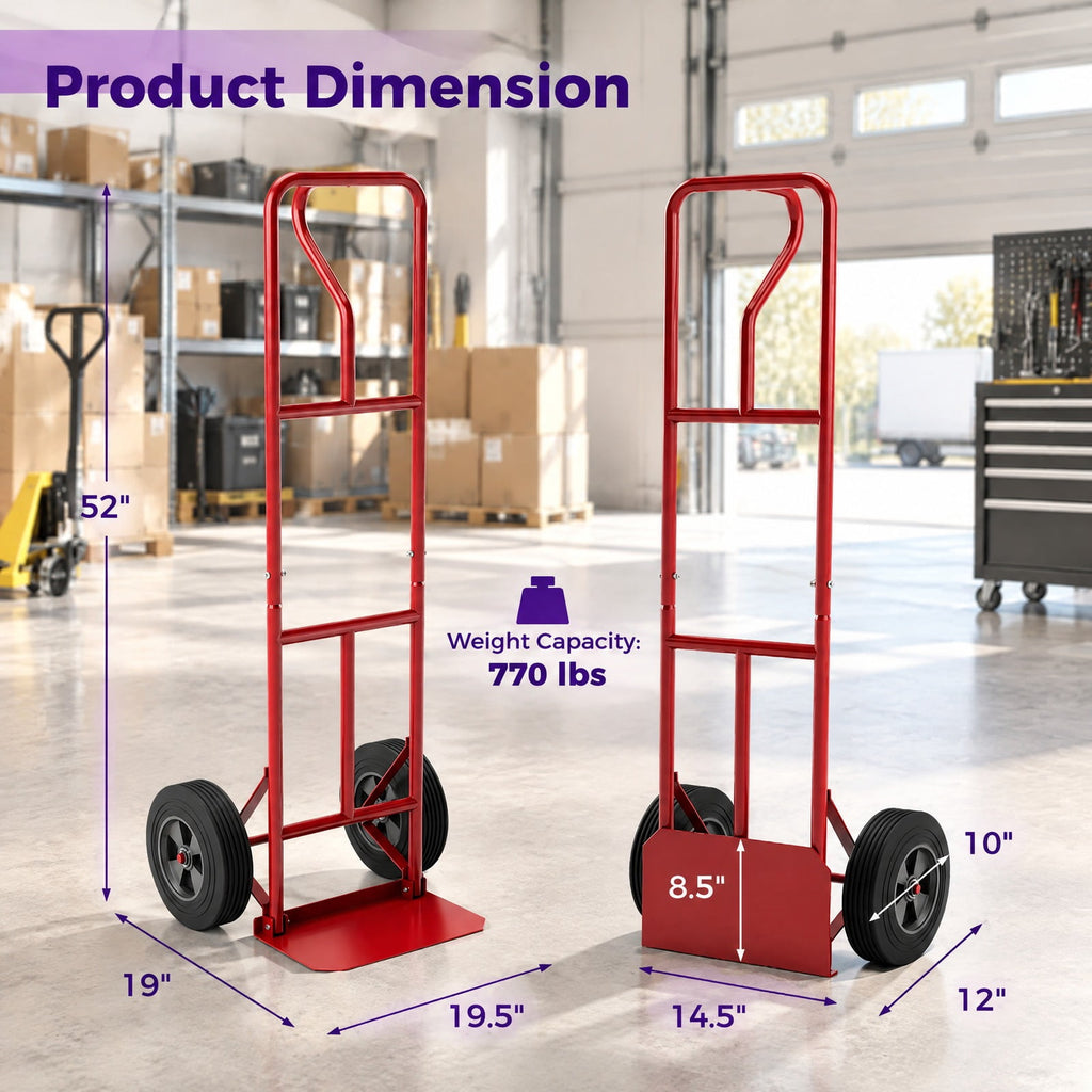 Airfind P-Handle Hand Truck with Foldable Load Plate for Warehouse Garage, 770 lbs Capacity, Metal Frame, 21 x 19 x 52 Footprint, Red