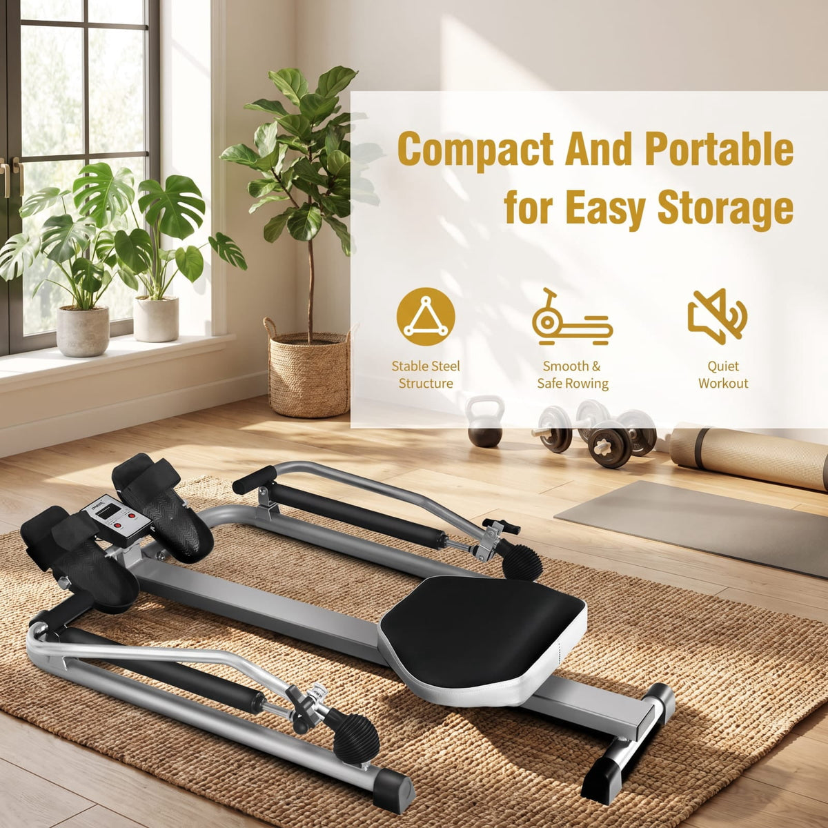 Airfind Adjustable Double Hydraulic Rowing Machine with LCD Monitor for Full Body Cardio Home Gym Foldable Workout, Black