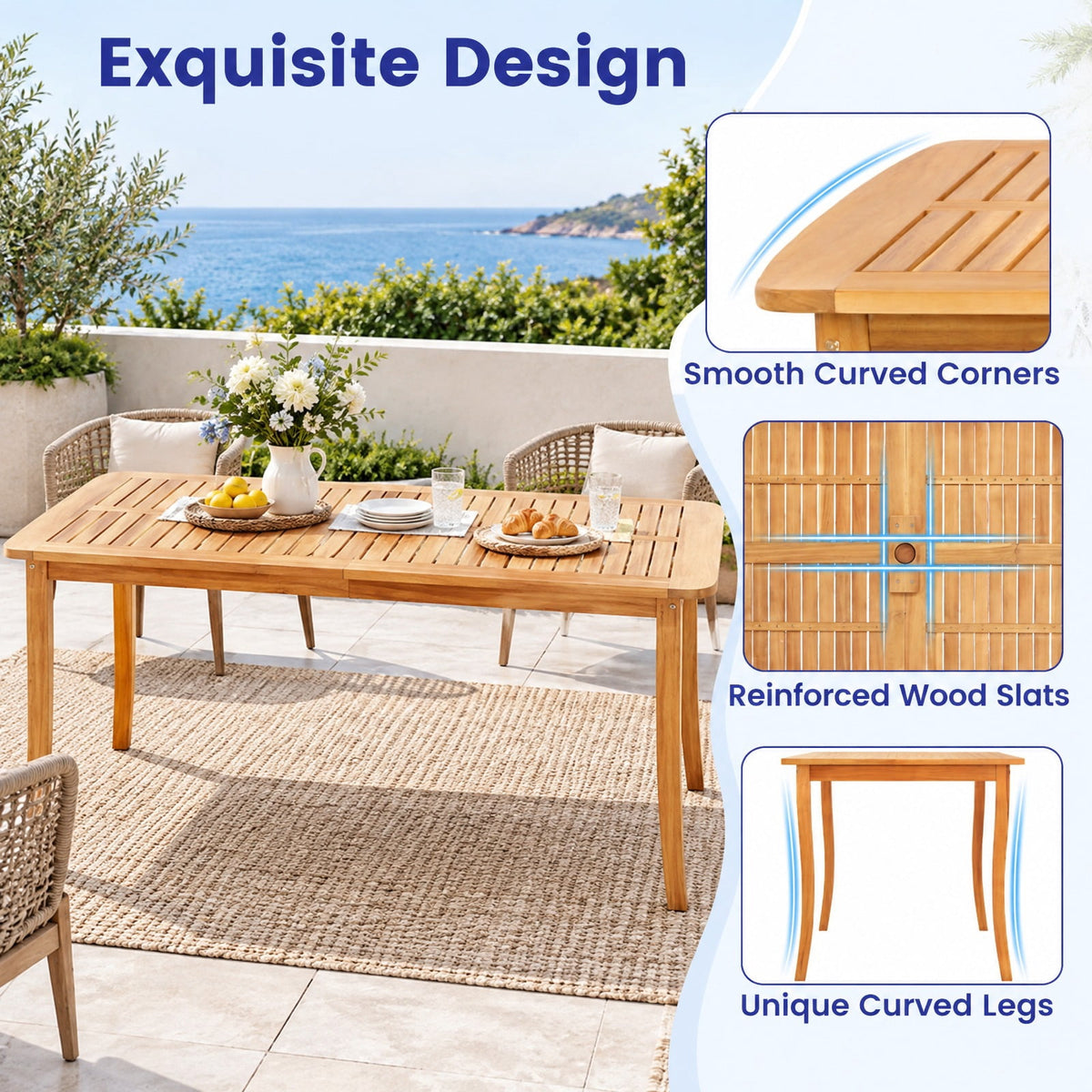 Airfind 63 inch Outdoor Dining Table with Umbrella Hole Farmhouse Bistro Dinette Furniture, 165 lbs Capacity, Acacia Wood Frame, Natural