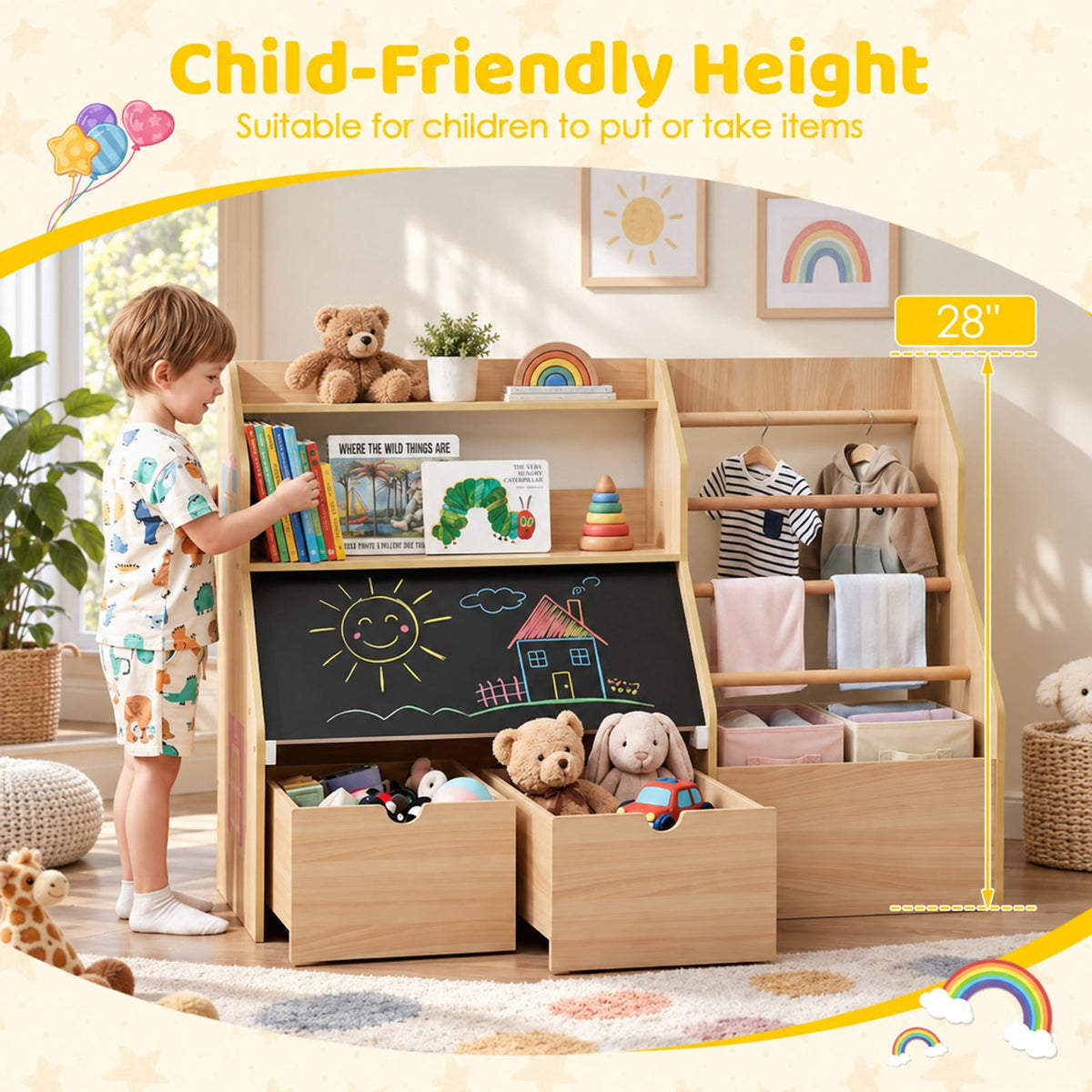 Airfind Kids Toy Storage Organizer with Flip-up Blackboard, Engineered Wood Pine Wood Frame, for 3+ Years Old, 41 Inch x 16 Inch x 28 Inch Footprint, Natural
