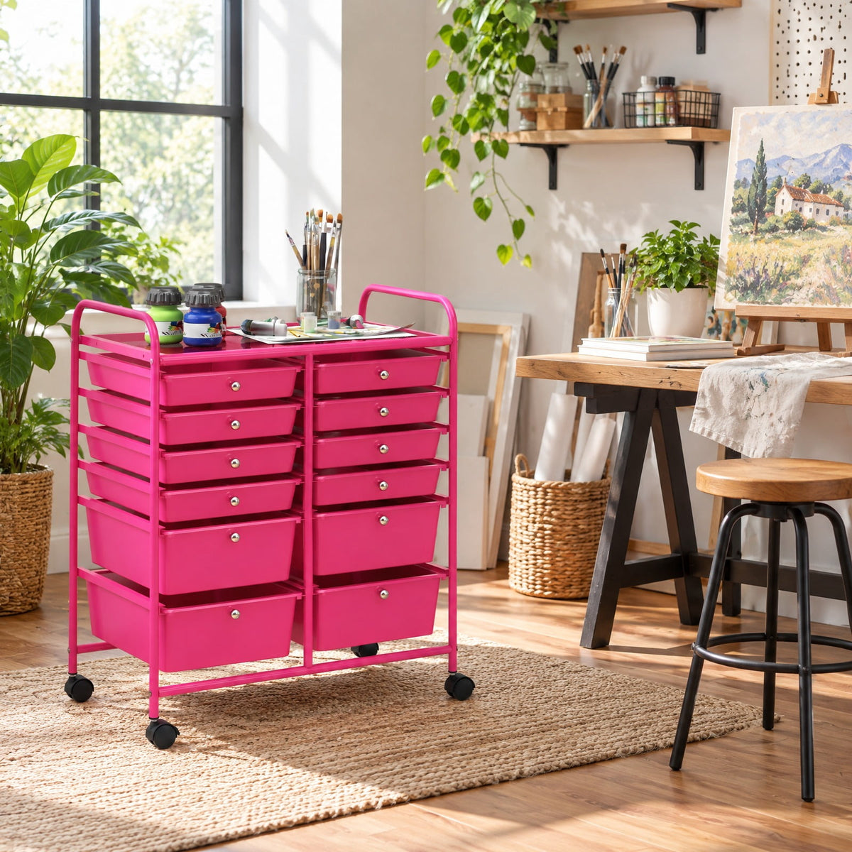 Airfind 12, Drawer Rolling Storage Cart with Removable Drawers and Lockable Wheels, Rose Red, Heavy, duty metal frame ensures excellent stability