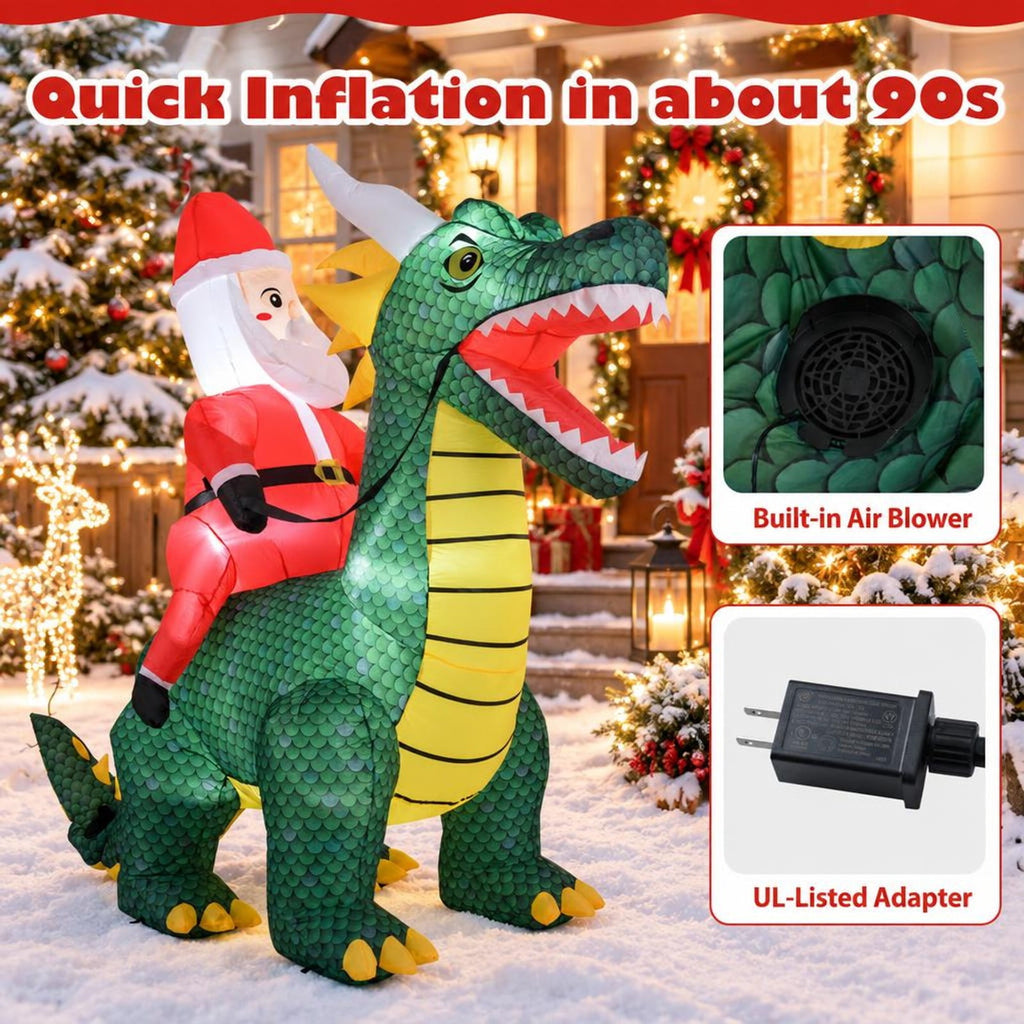 Airfind 6.7 Feet Christmas Inflatable Santa Claus Ride on Dinosaur with Built, Polyester Fabric Frame, 6.7 ft x 3 ft x 6 ft Footprint, Multi-color