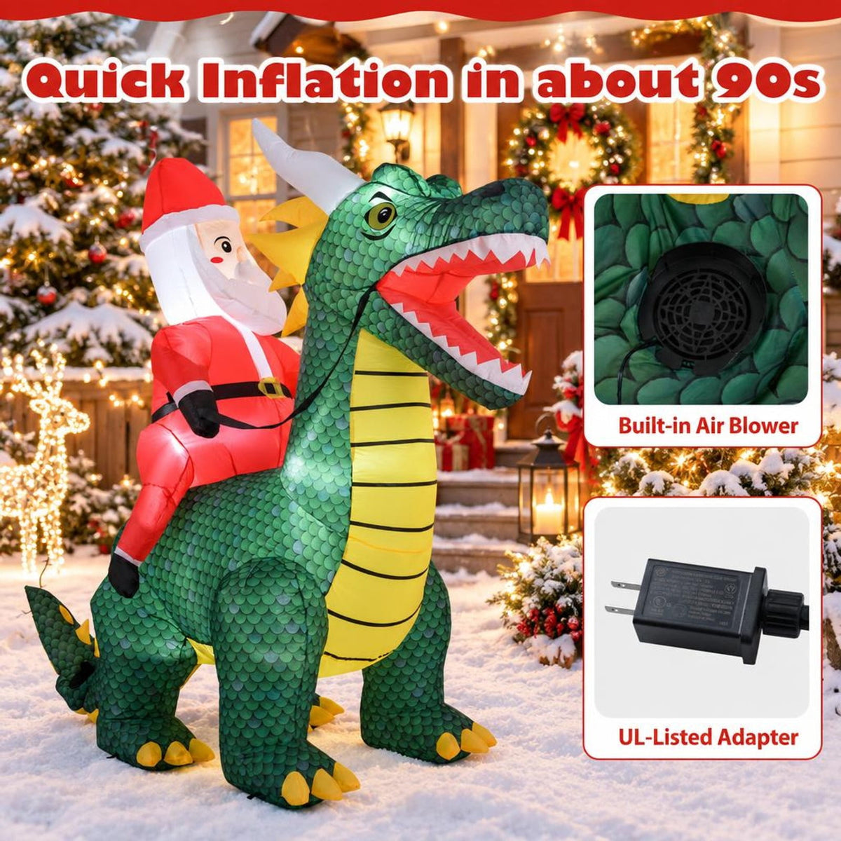 Airfind 6.7 Feet Christmas Inflatable Santa Claus Ride on Dinosaur with Built, Polyester Fabric Frame, 6.7 ft x 3 ft x 6 ft Footprint, Multi-color