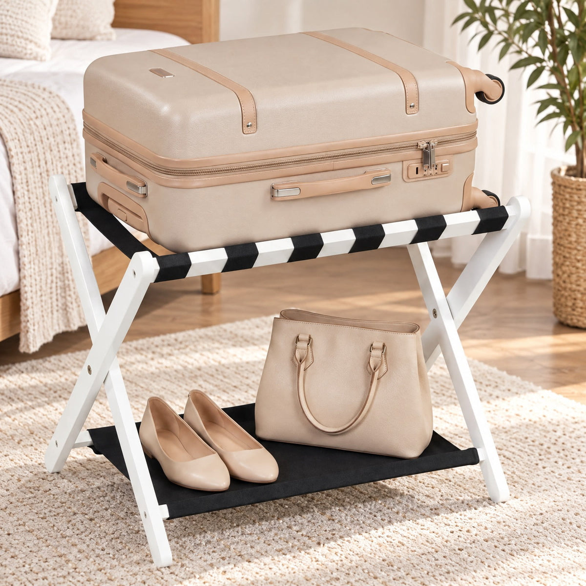 Airfind Solid Rubberwood Folding Luggage Rack with Nylon Shelves, 110 lbs Capacity, Rubberwood Nylon Frame, 26.5 x 18 x 20.5 Footprint, White