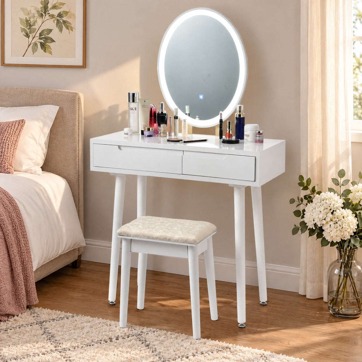 Airfind Touch Screen Vanity Makeup Table Stool Set with Lighted Mirror, MDF paint rubber wood cedar wood Frame, 31.5 x 16 x 54.5 Footprint, White
