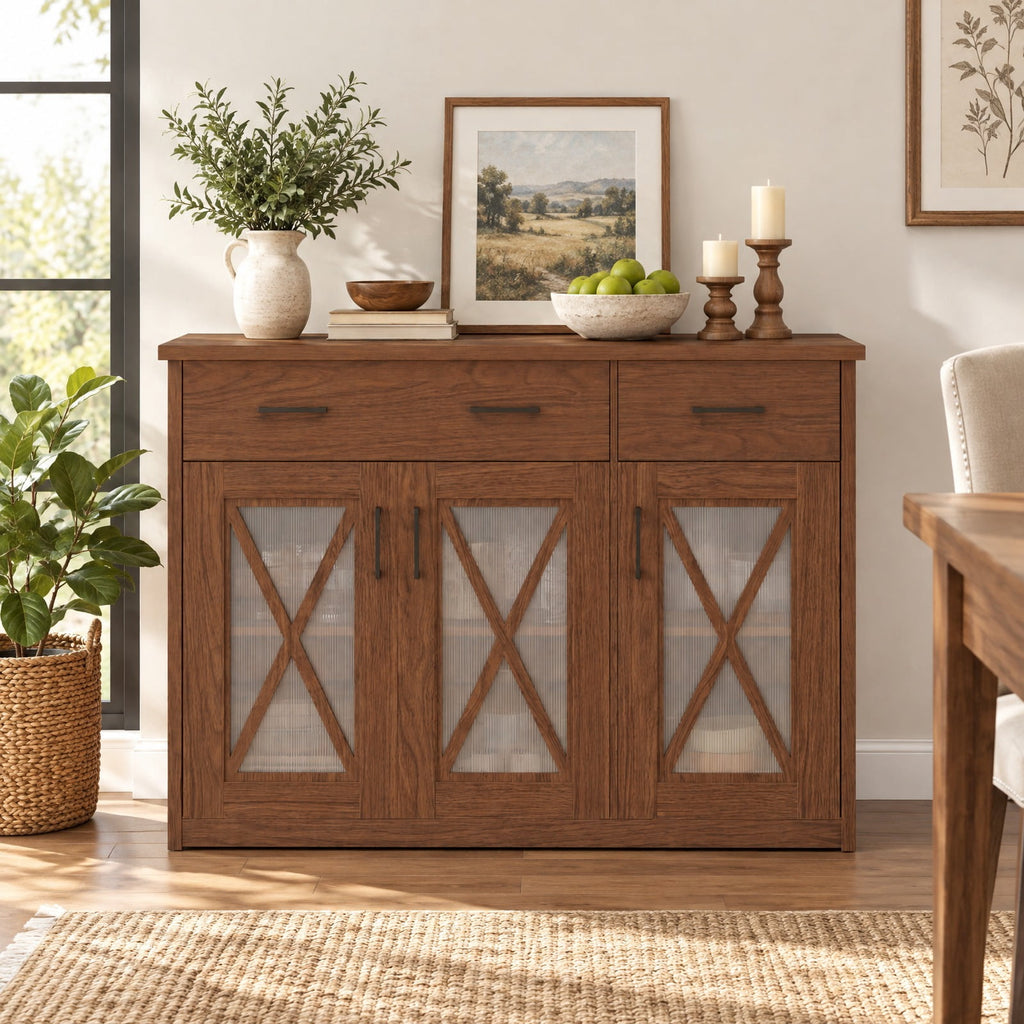 Airfind Farmhouse Buffet Sideboard 3-Door Kitchen Storage Cabinet featuring 2 Drawers, Top 132 lbs Total Capacity, Engineered Wood PC Frame, Brown