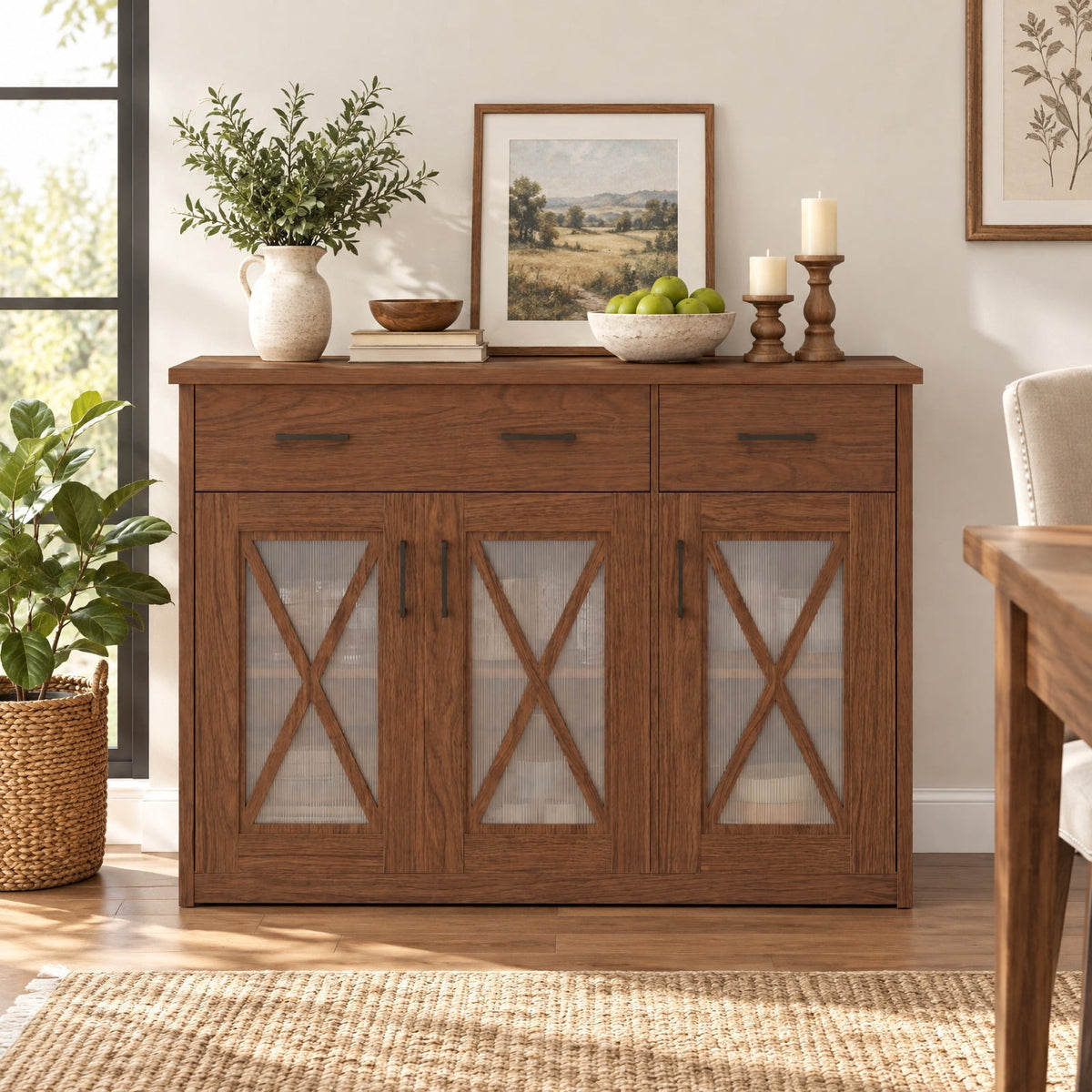 Airfind Farmhouse Buffet Sideboard 3-Door Kitchen Storage Cabinet featuring 2 Drawers, Top 132 lbs Total Capacity, Engineered Wood PC Frame, Brown