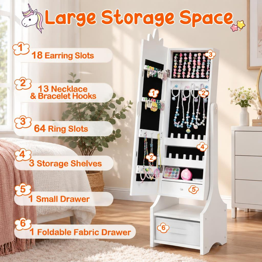 Airfind Kids Jewelry Cabinet with Full-Length Mirror for Kids Bedroom and Playroom, MDF Frame, 12.5 Inch x 12 Inch x 45.5 Inch Footprint, White
