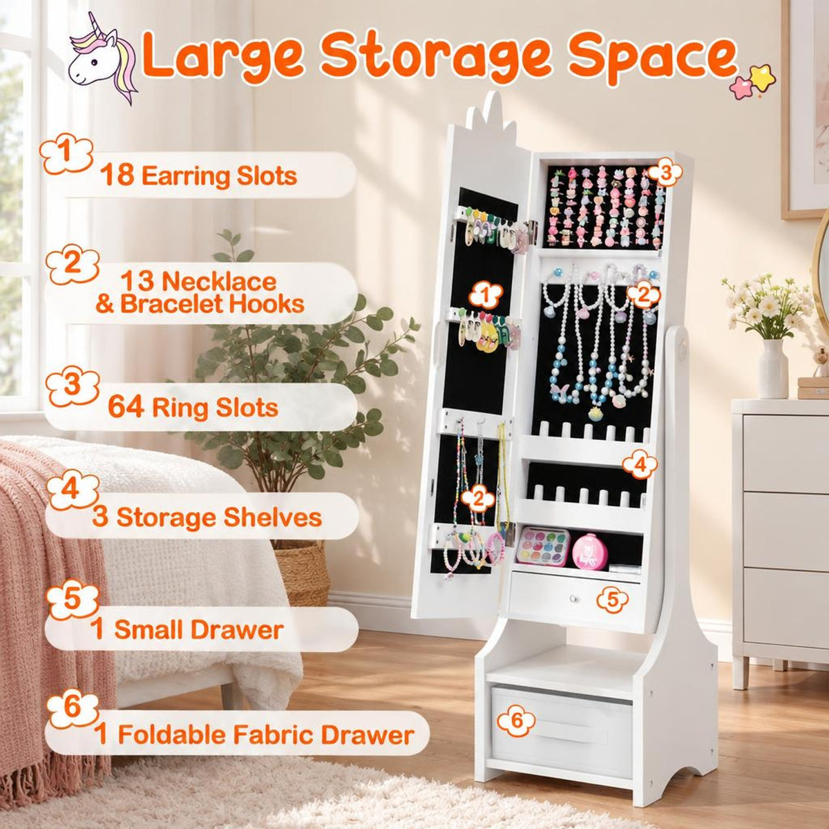 Airfind Kids Jewelry Cabinet with Full-Length Mirror for Kids Bedroom and Playroom, MDF Frame, 12.5 Inch x 12 Inch x 45.5 Inch Footprint, White