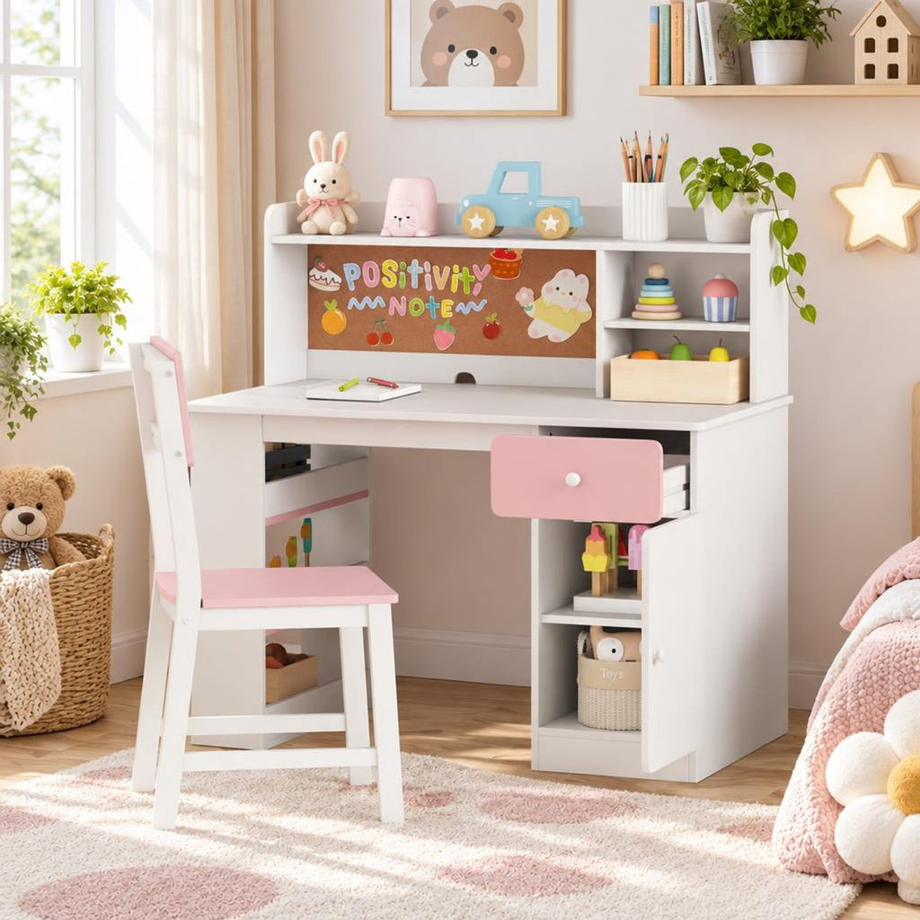 Airfind Desk and Chair Set, Youth, with Hutch and 3-Layer Side Shelf, MDF, 41.5 x 24, Model HY10342PI with Functional Design, Natural