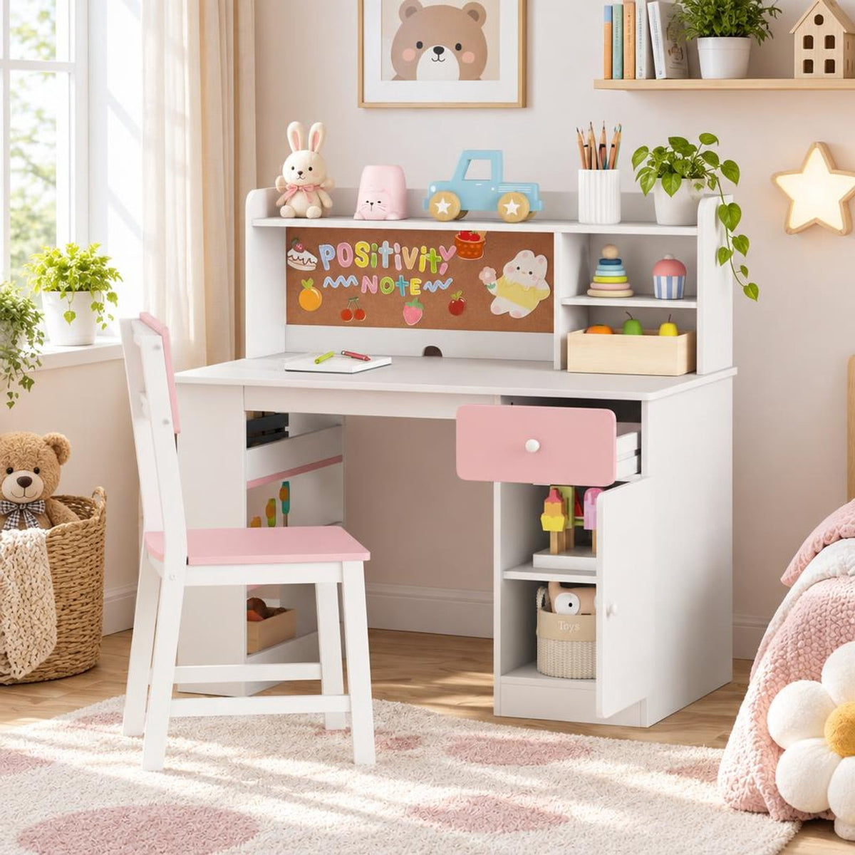 Airfind Desk and Chair Set, Youth, with Hutch and 3-Layer Side Shelf, MDF, 41.5 x 24, Model HY10342PI with Functional Design, Natural