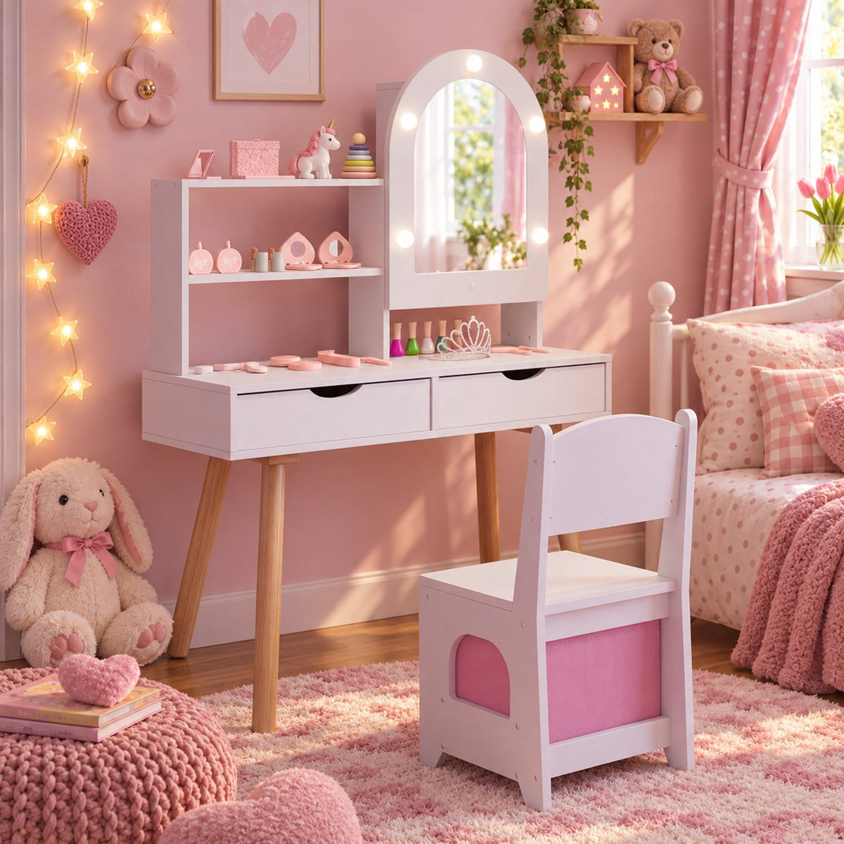 Airfind Kids Vanity Set Pretend Play Dressing Table Set with 3-Color Lighting Modes and Mirror Cabinet, 44 lbs Capacity, MDF Frame, White