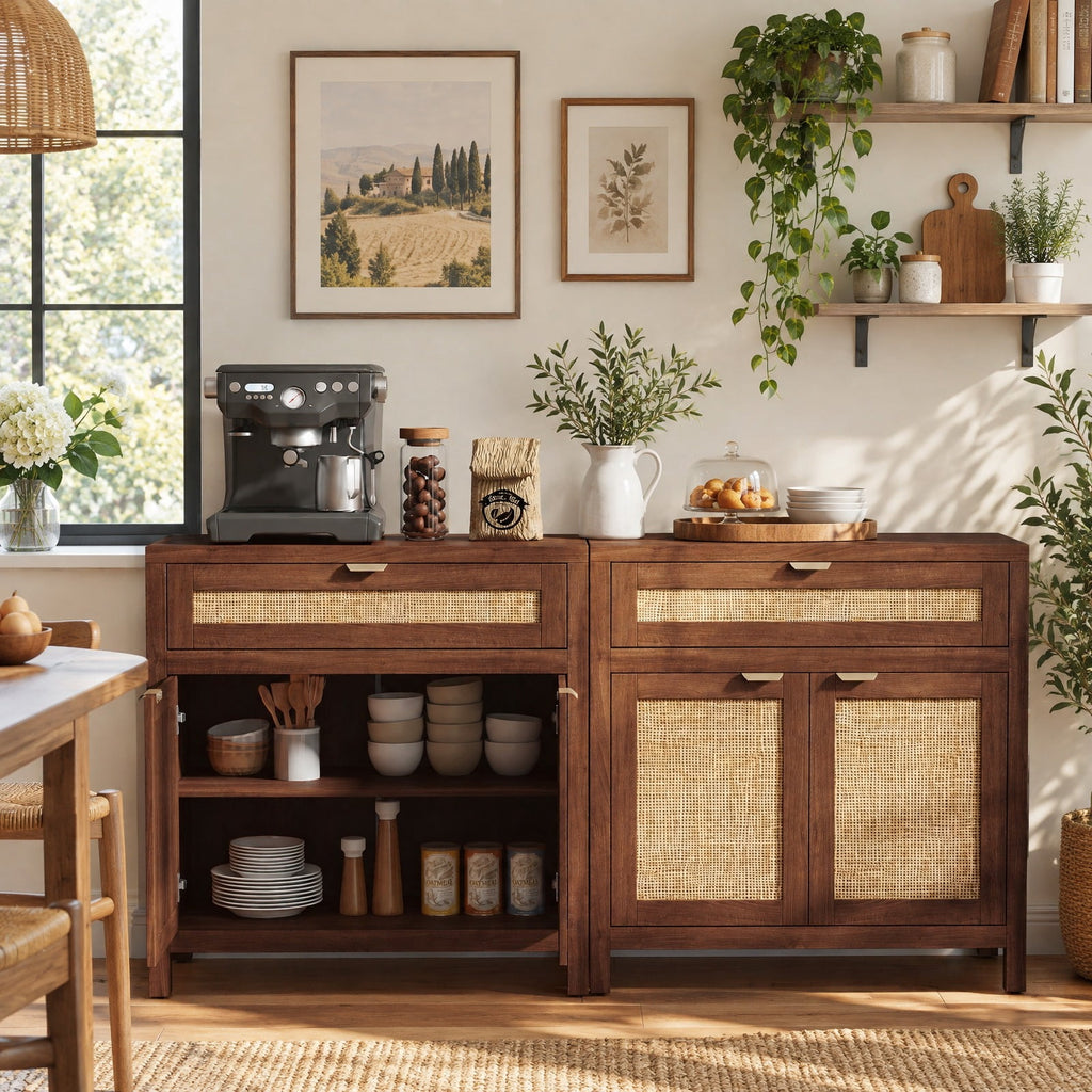 Airfind Sideboard Storage Cabinet with Rattan Doors and Drawer, 155 lbs Capacity, Engineered Wood MDF Rattan Metal Frame, Brown