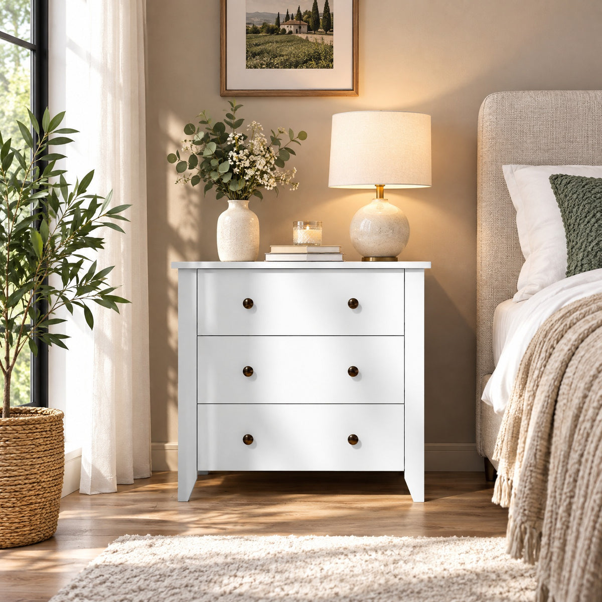 Airfind 3 Drawer Dresser Chest of Drawers Bedside Table, MDF Frame, 28in x 18in x 26in Footprint, White