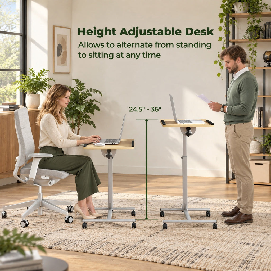 Airfind Adjustable Angle Height Rolling Laptop Table, Steel (frame) Frame, 23.5 x 16 x 24.5-36 (L x W x Adjustable H) Steel tube Footprint