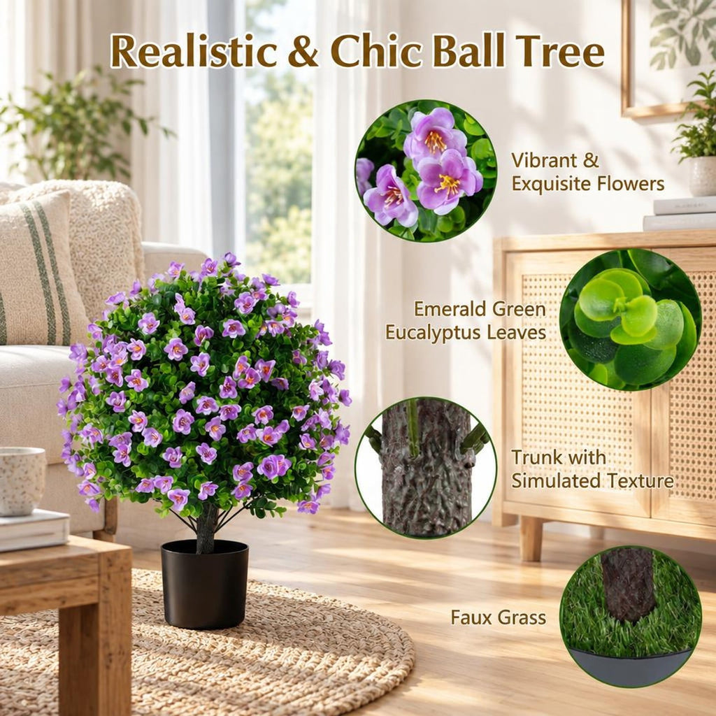 Airfind 2 Pack Artificial Eucalyptus Topiary Trees with Flowers and Cement Planter for Home, PE PP Cement Foam Frame, Purple