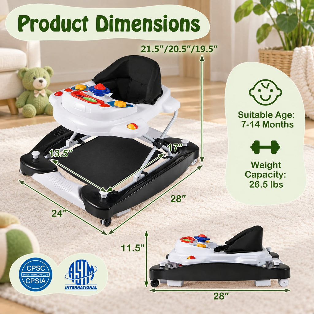 Airfind 6-in-1 Foldable Youth Walker featuring Adjustable Height, 26.5 lbs Capacity, PP Frame, for 6-14 Months, 28 Inch x 24 Inch x 19.5 Inch, Black