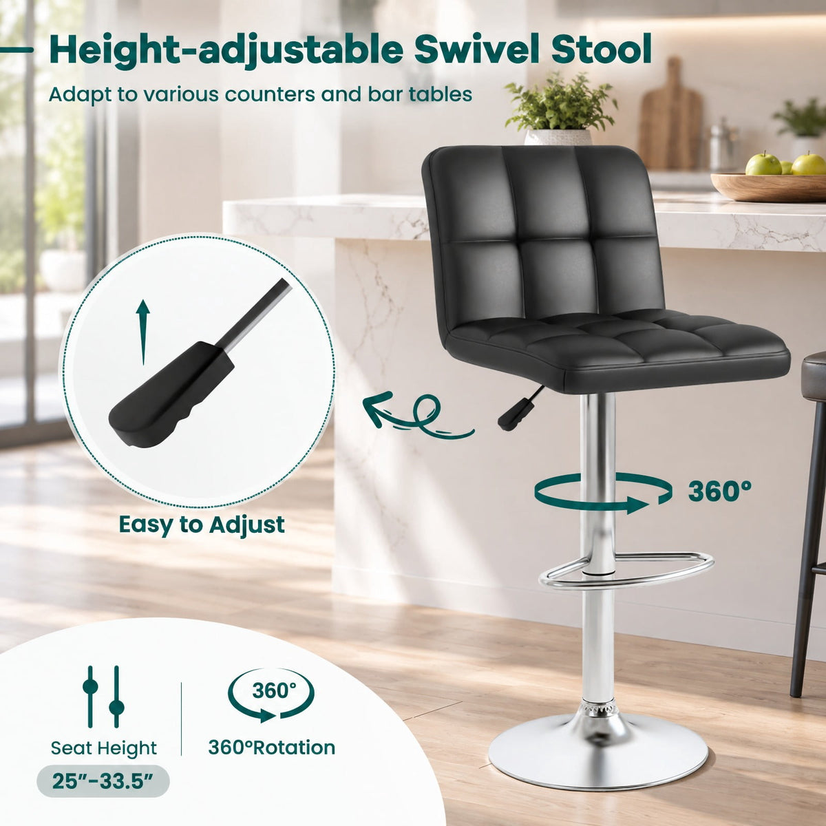 Airfind Set of 2 Square Swivel Adjustable PU Leather Bar Stools with Back and Footrest, 250 lbs Capacity, PU leather steel sponge Frame, Black