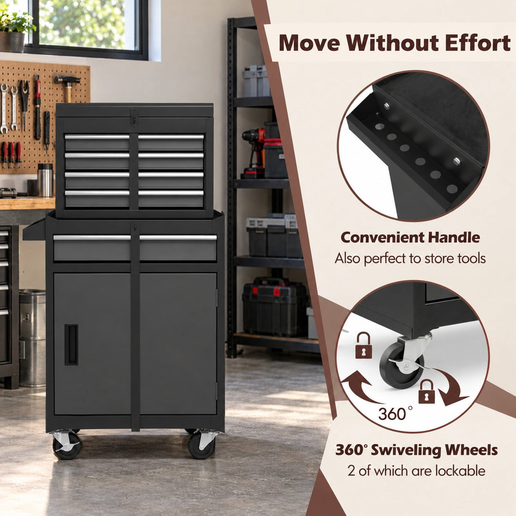 Airfind 2-in-1 Rolling Tool Chest with 5 Sliding Lockable Drawers-Black and Gray, 220.5 lbs Capacity, Steel rubber-plastic synthetic Frame, Black