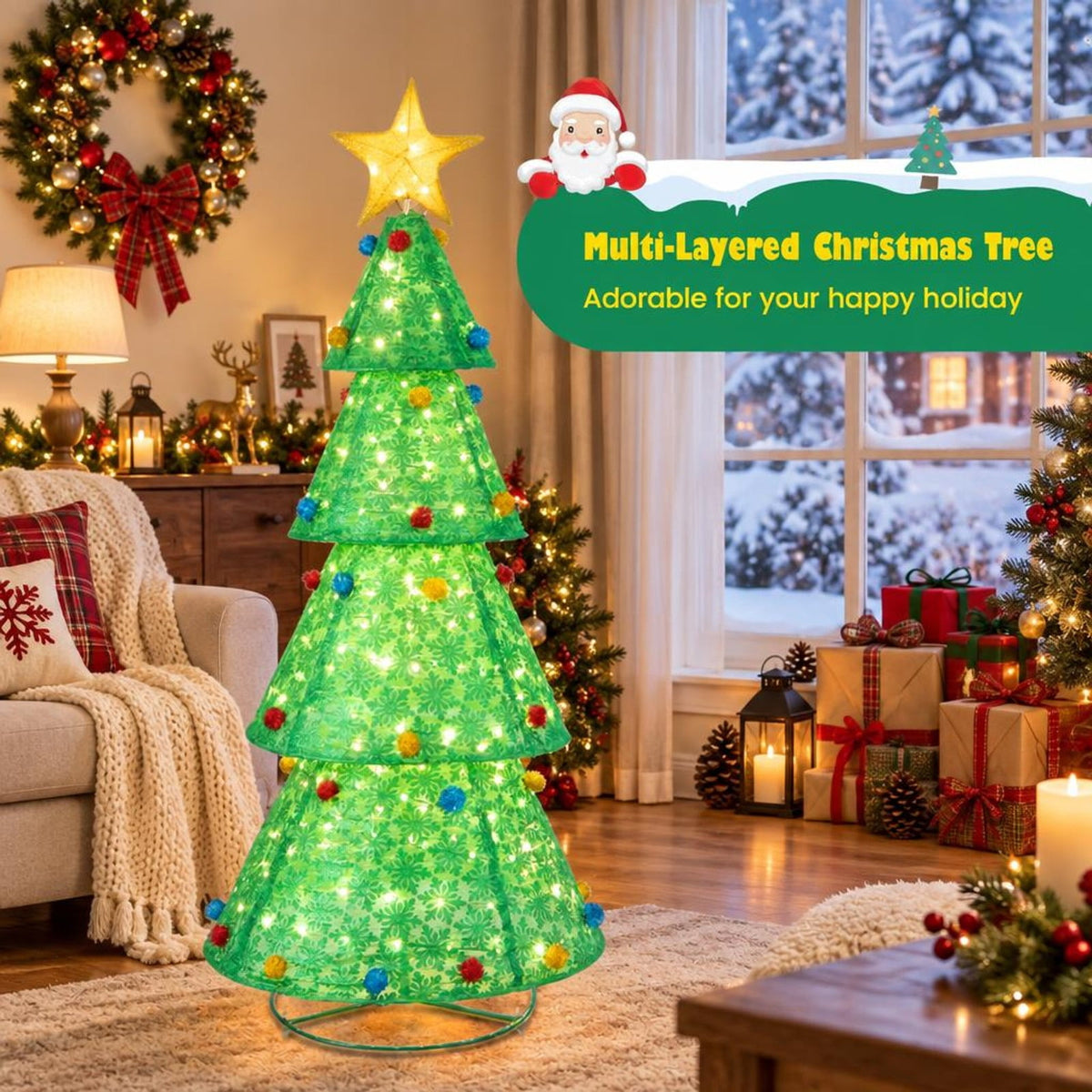 Airfind Pop-Up Christmas Tree with 200 Warm White LED Lights for Indoors Outdoors, Nylon Metal Tree Height: 6.5 ft Tree Width: 2.7 ft Frame, White